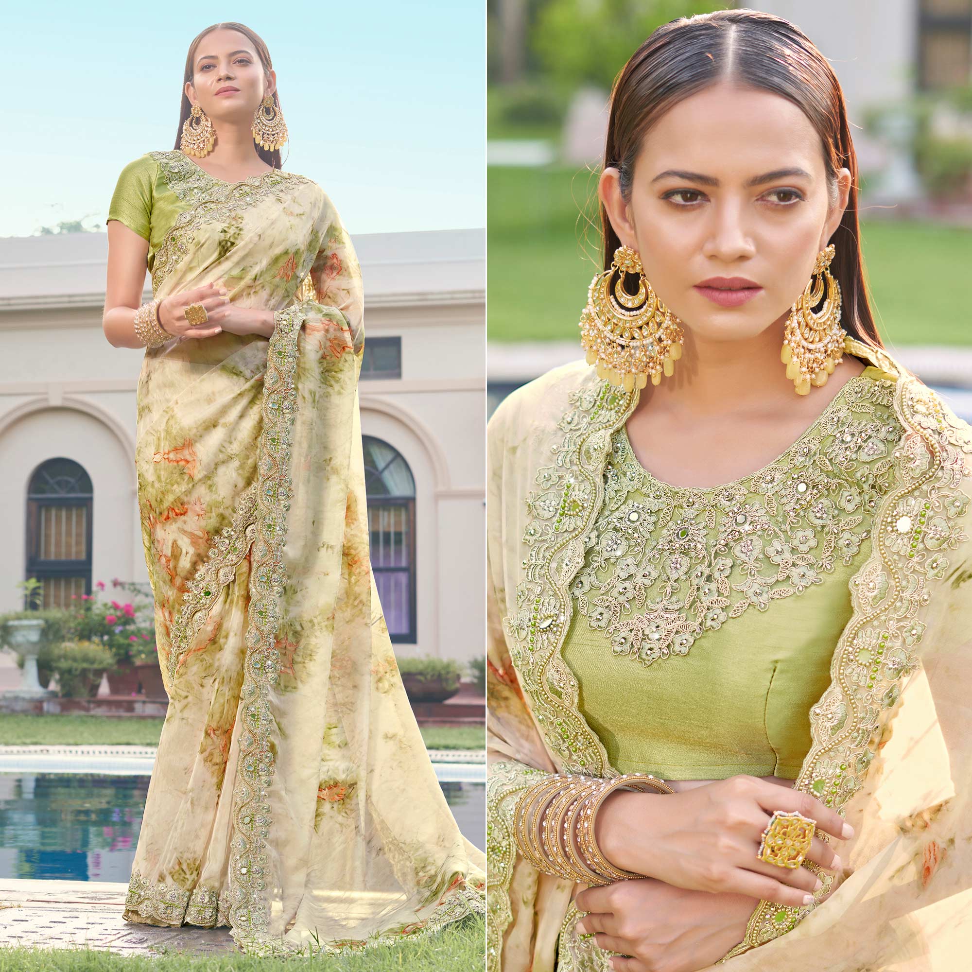 Green Abstract Printed With Embroidered Organza Saree