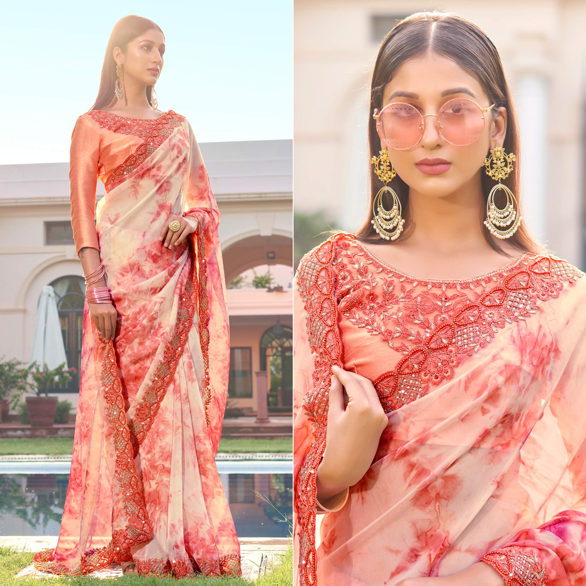 Peach Abstract Printed With Embroidered Organza Saree