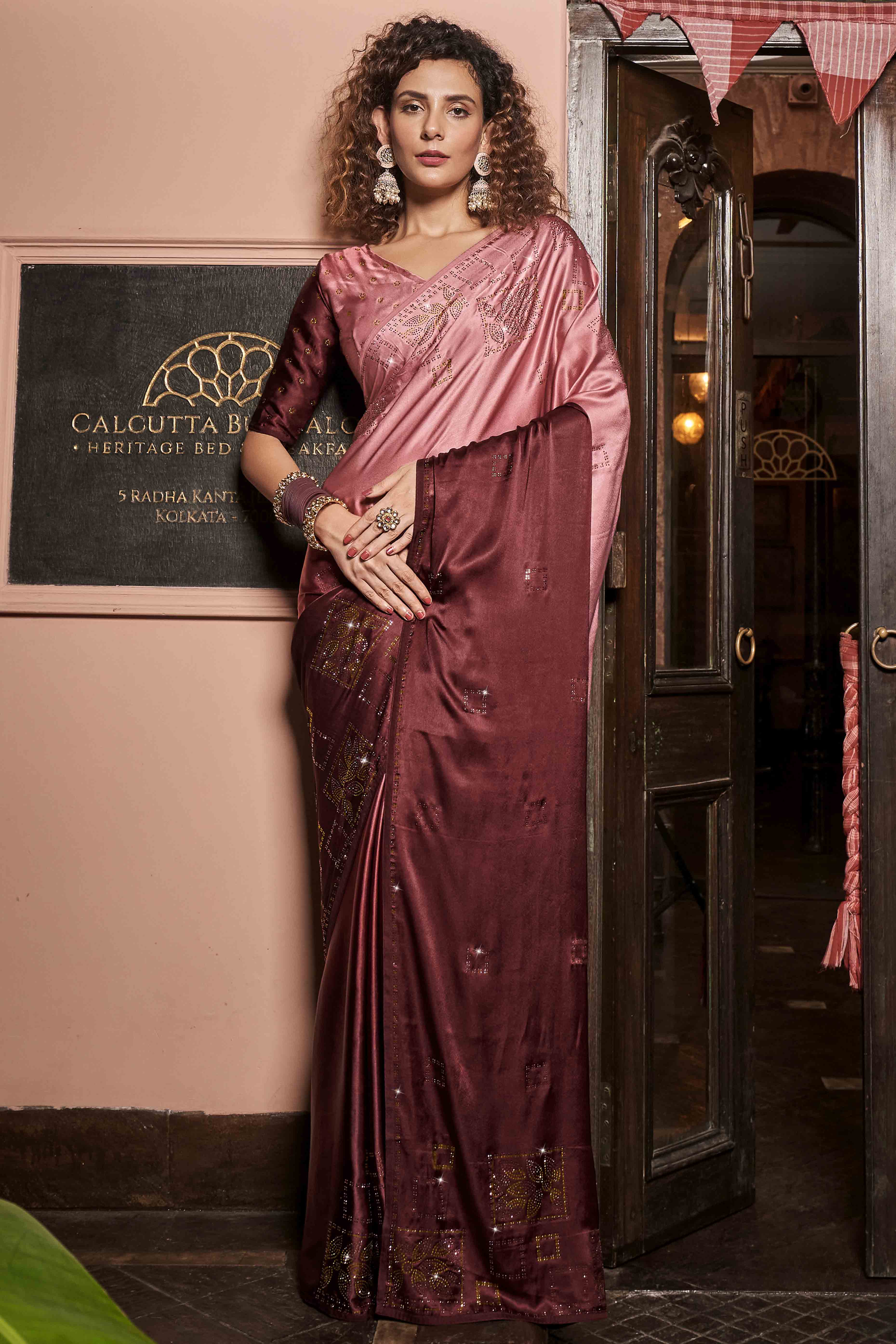 Peach Swarovski Work Embroidered Ombre Satin Saree