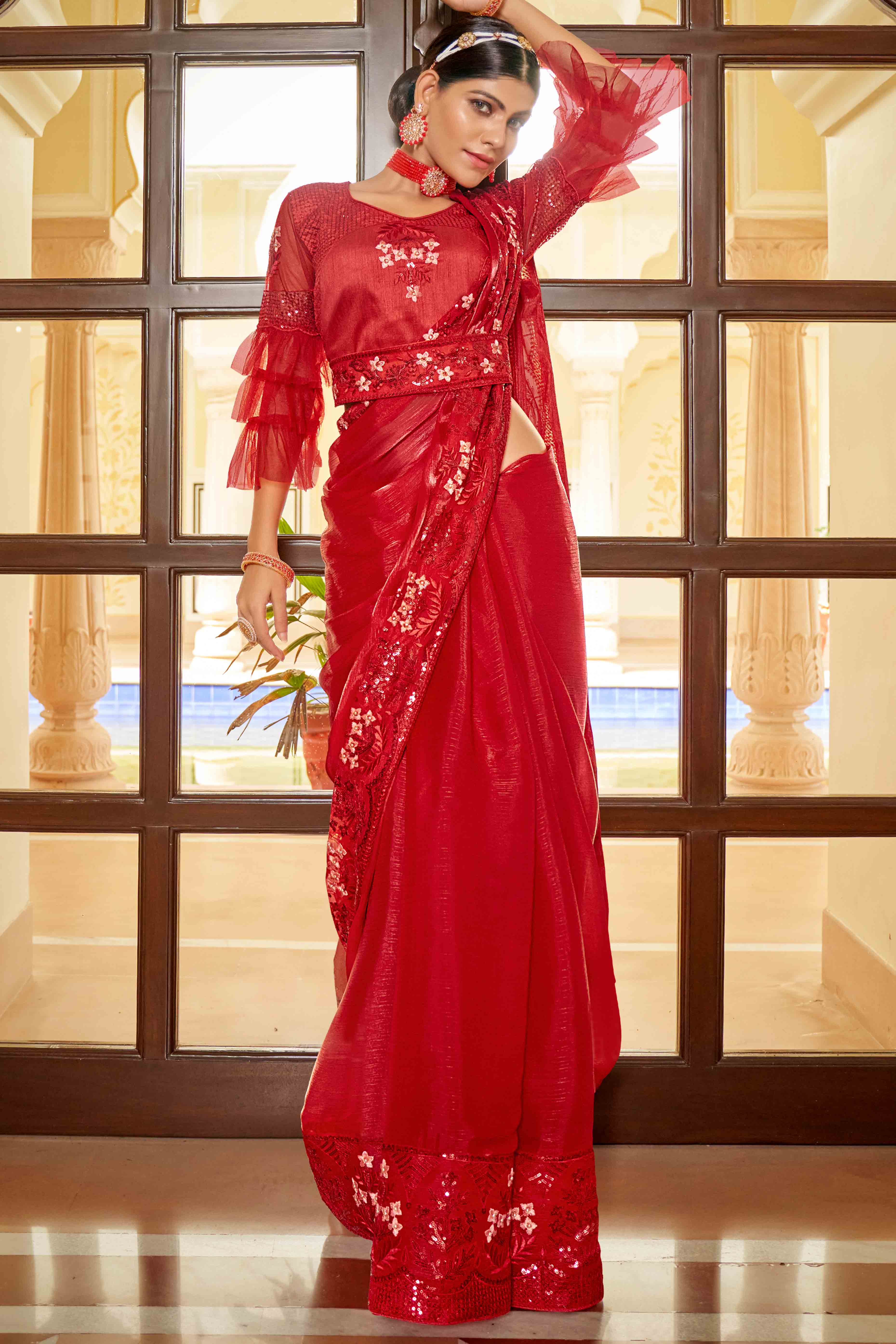 Red Swarovski Work Embroidered Jimmi Choo Saree