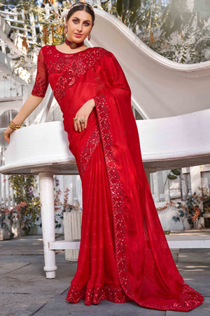 Red Sequins With Floral Embroidered Georgette Saree