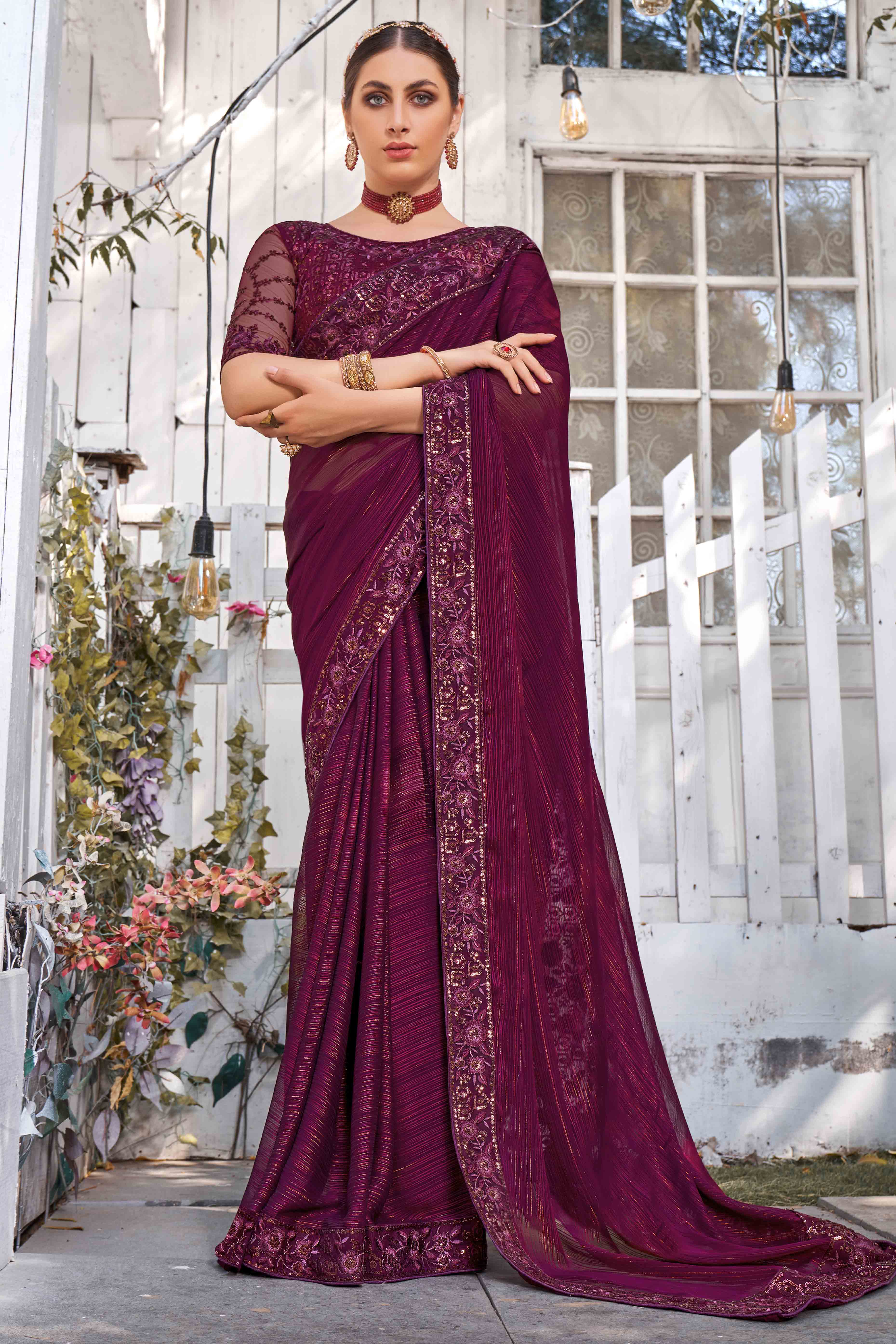 Wine Sequins With Floral Embroidered Georgette Saree