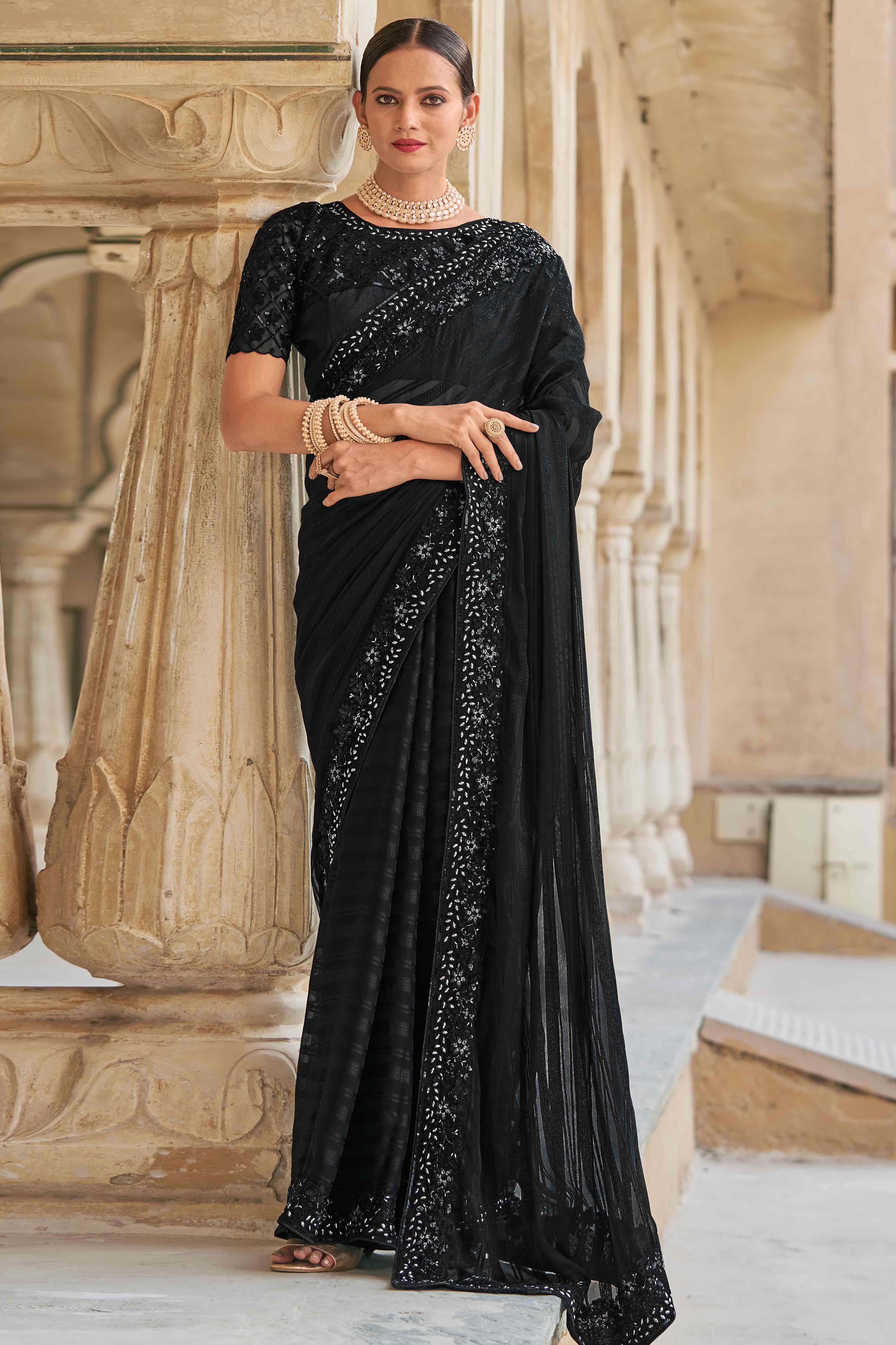 Black Sequins Embroidered Georgette Saree