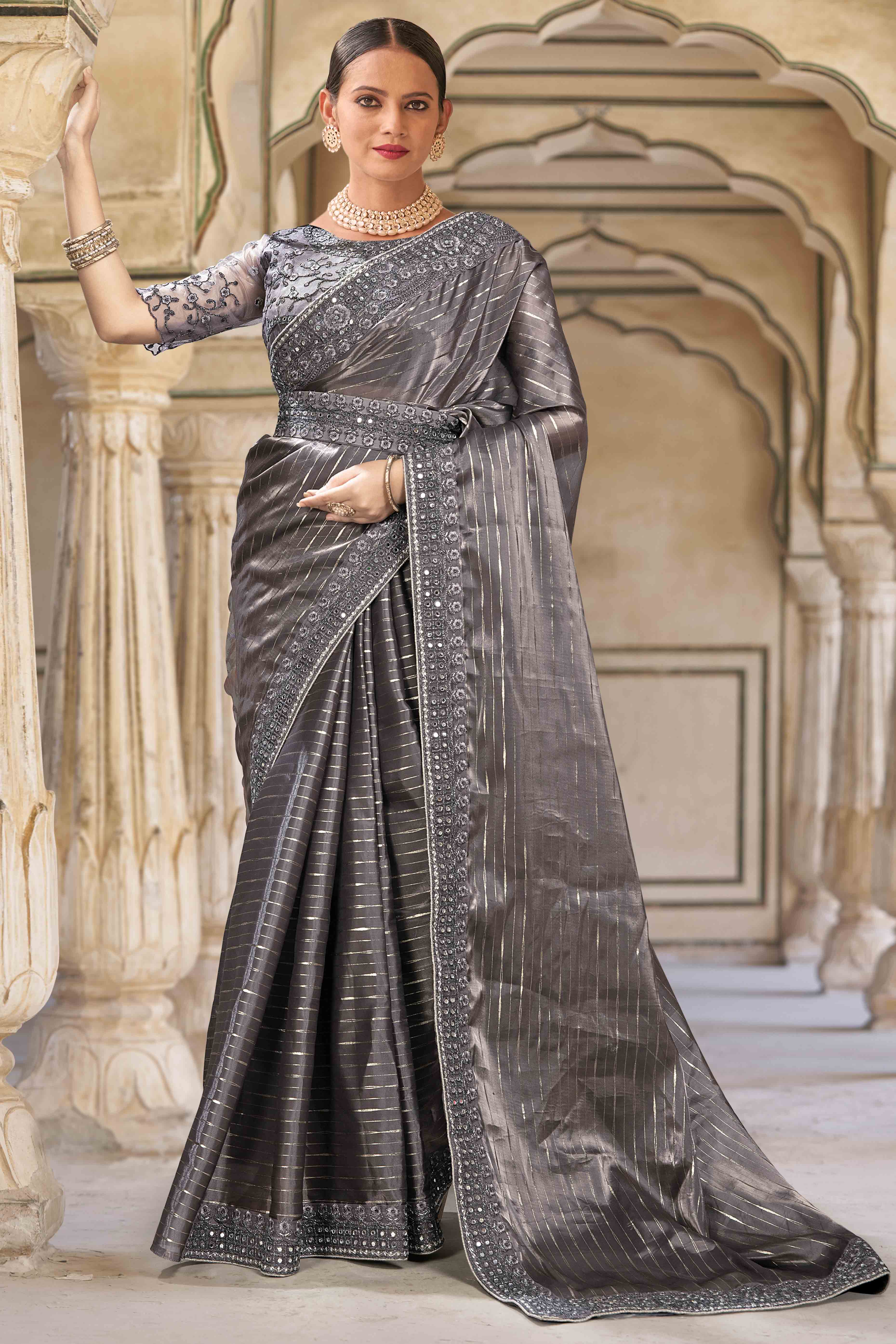 Grey Sequins Embroidered Georgette Saree