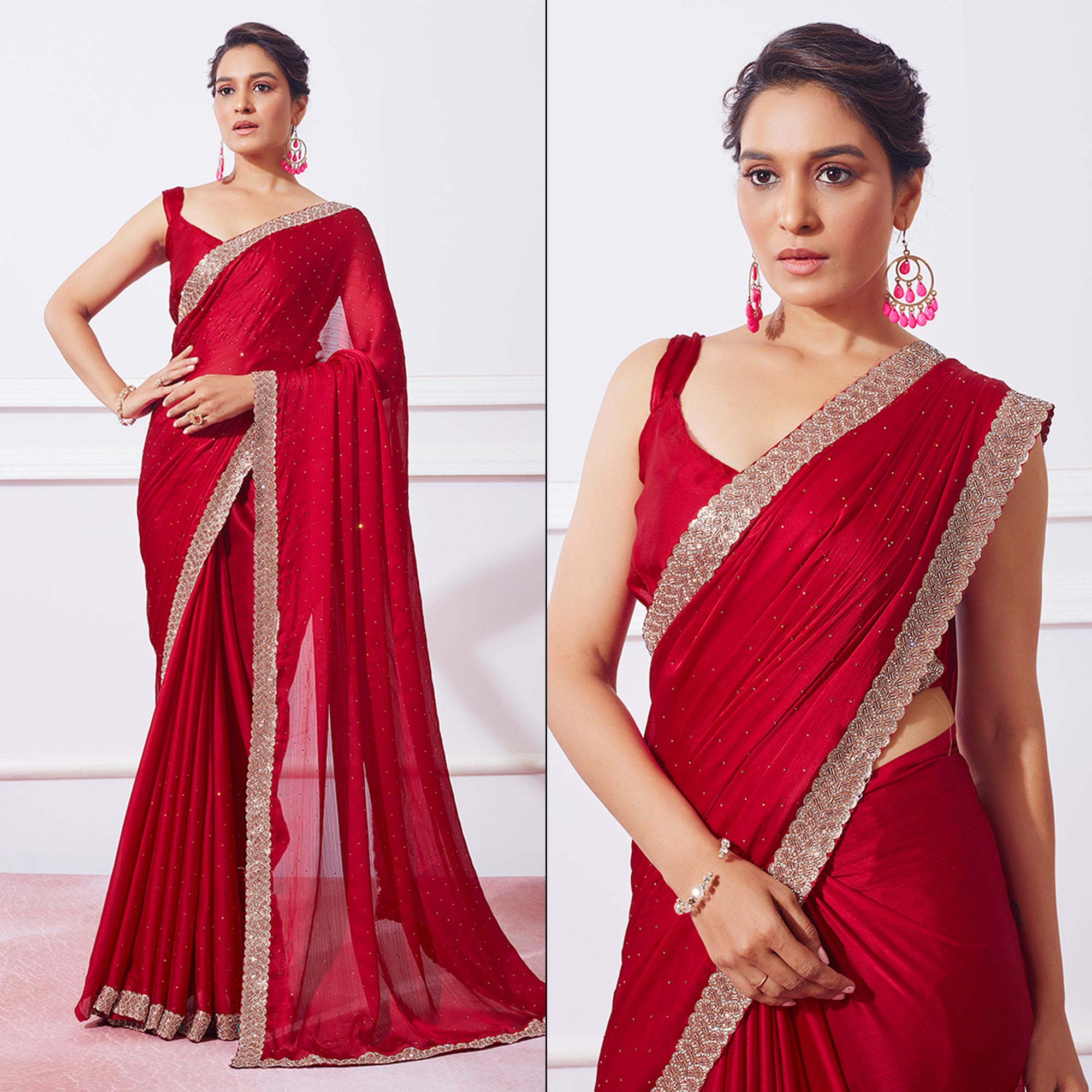 Red Embroidered Swaroski Work Satin Saree