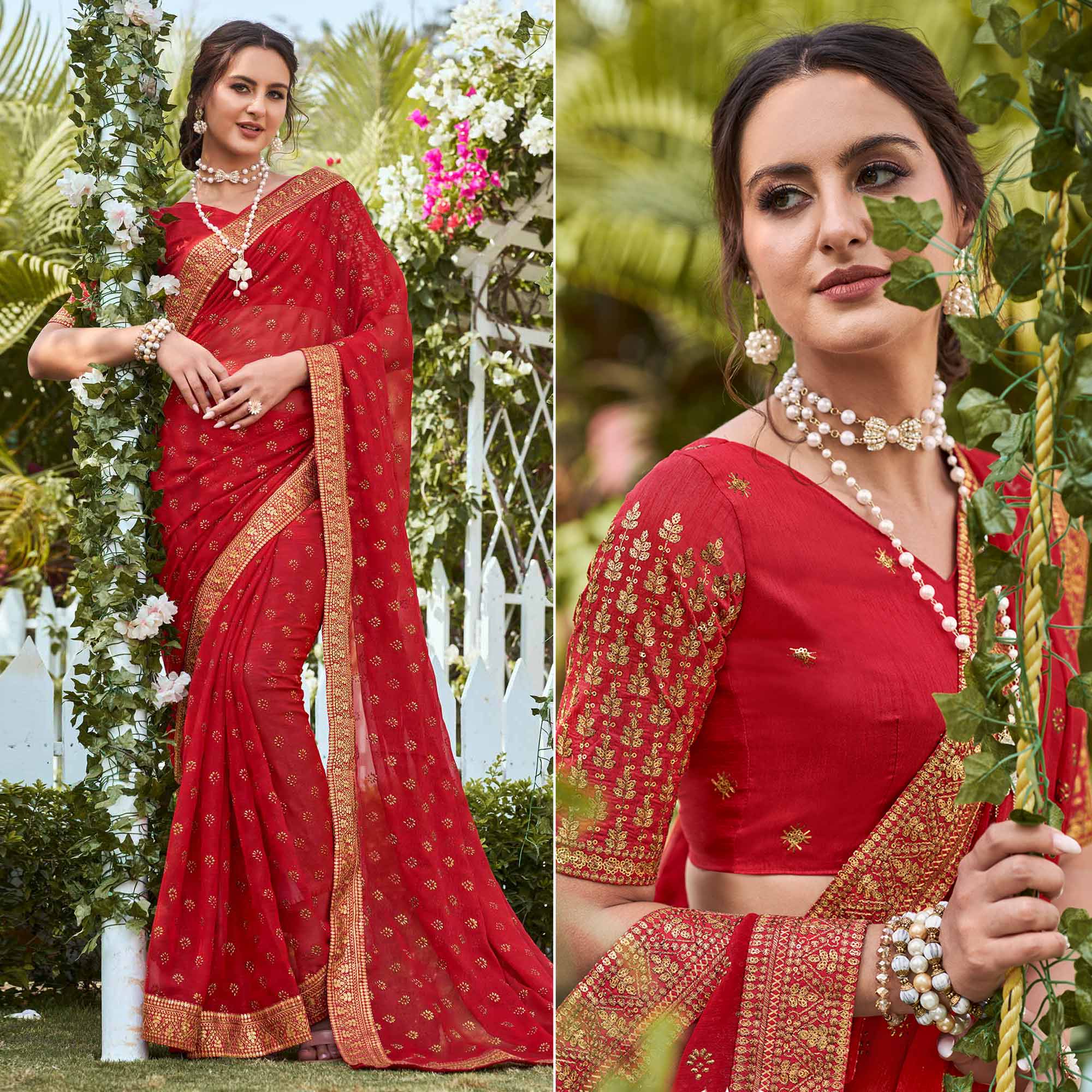 Red Foil Printed Georgette Saree With Embroidered Border