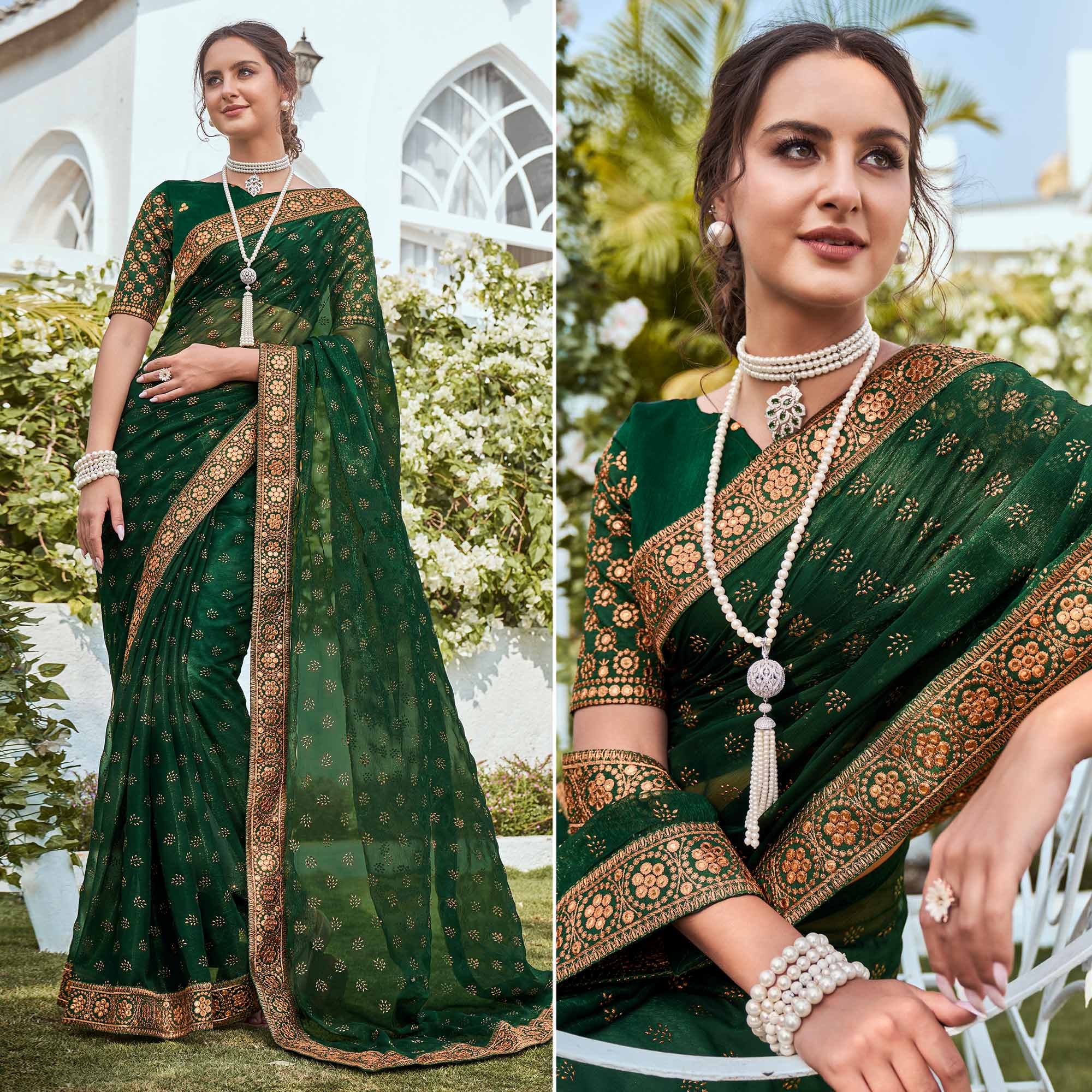 Green Foil Printed Georgette Saree With Embroidered Border