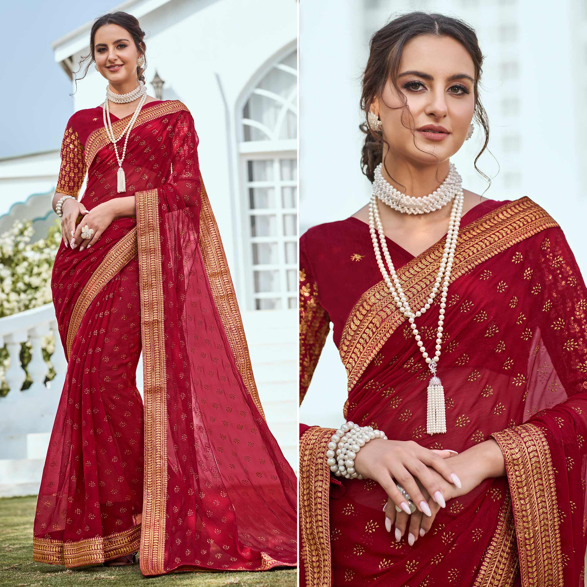 Maroon Foil Printed Georgette Saree With Embroidered Border