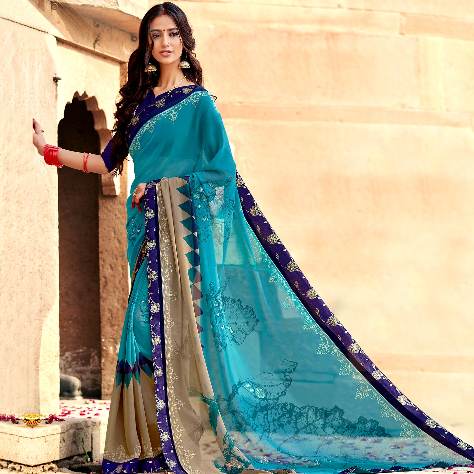 Sky Blue Floral Printed Georgette Saree