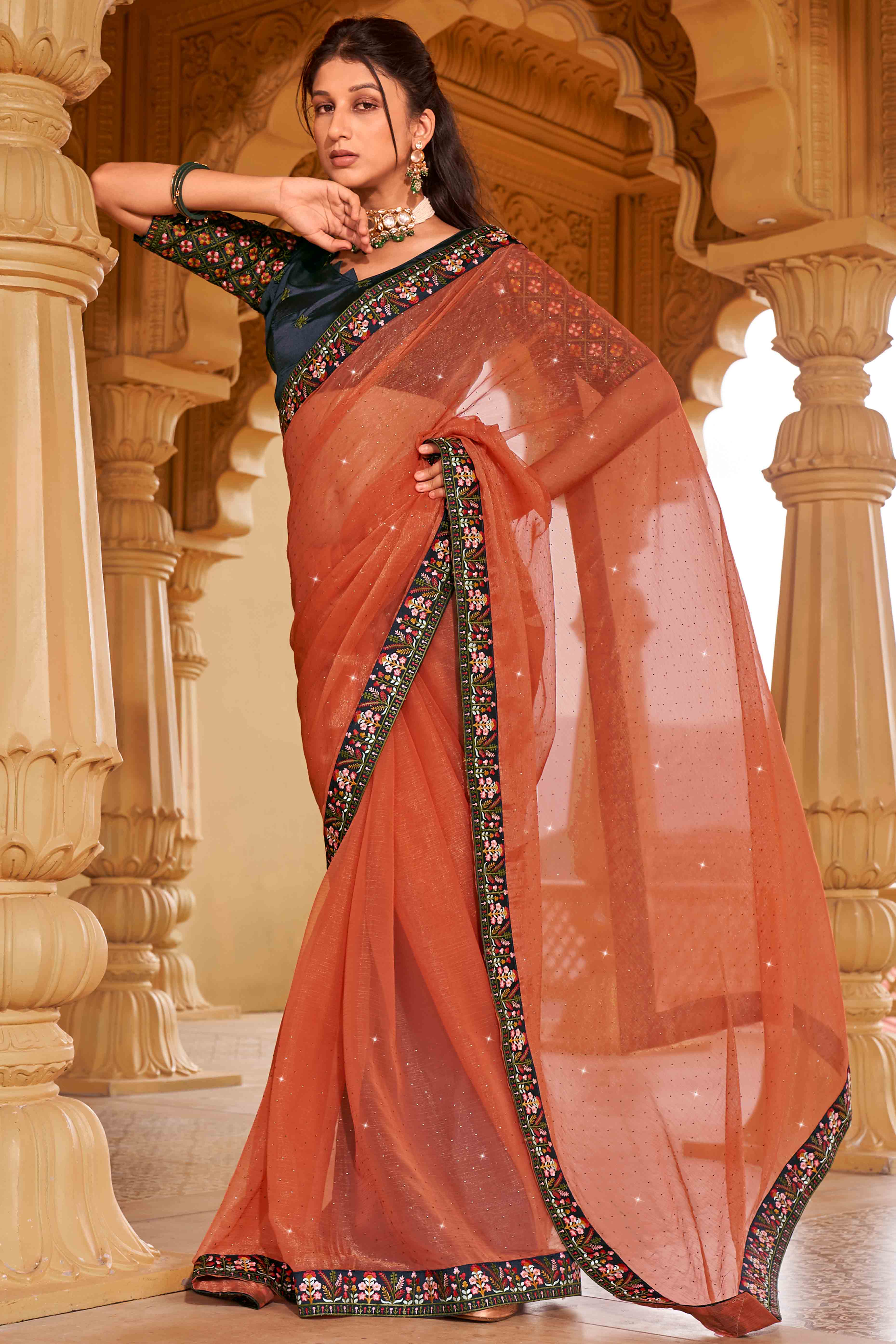 Orange Swarovski Work Embroidered Shimmer Saree