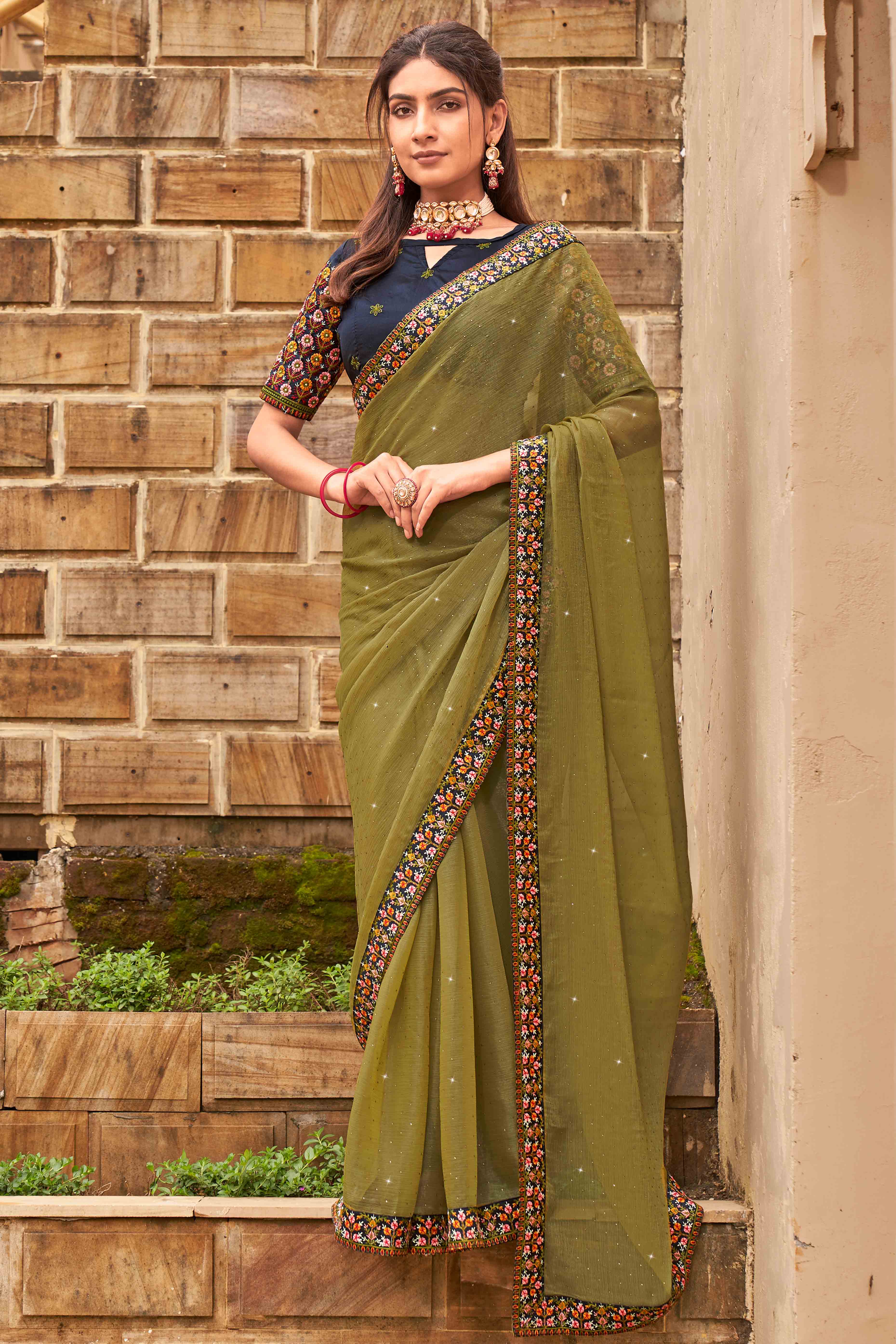 Green Swarovski Work Embroidered Shimmer Saree