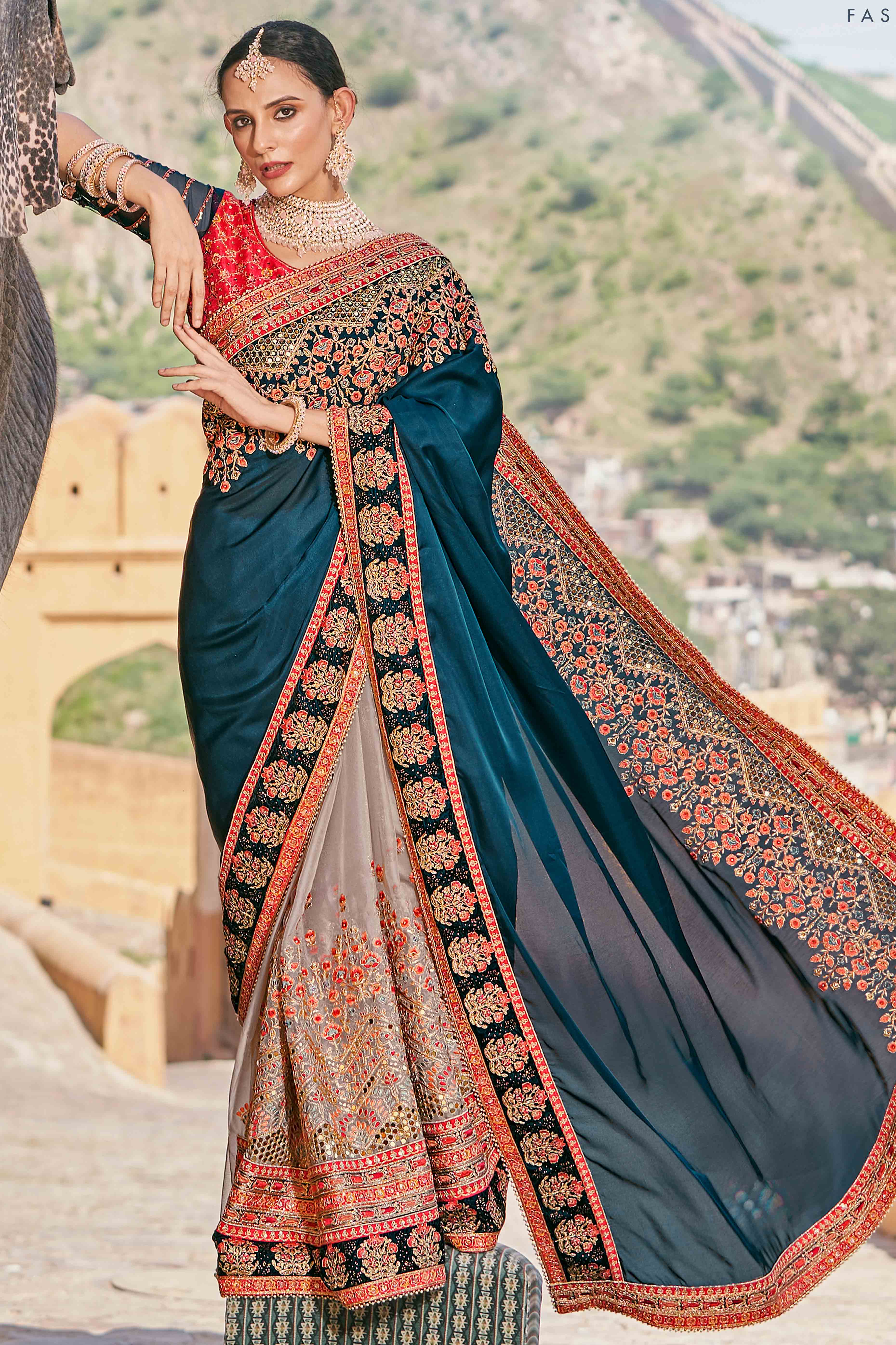 Teal And Off White Sequins With Floral Embroidered Organza Saree