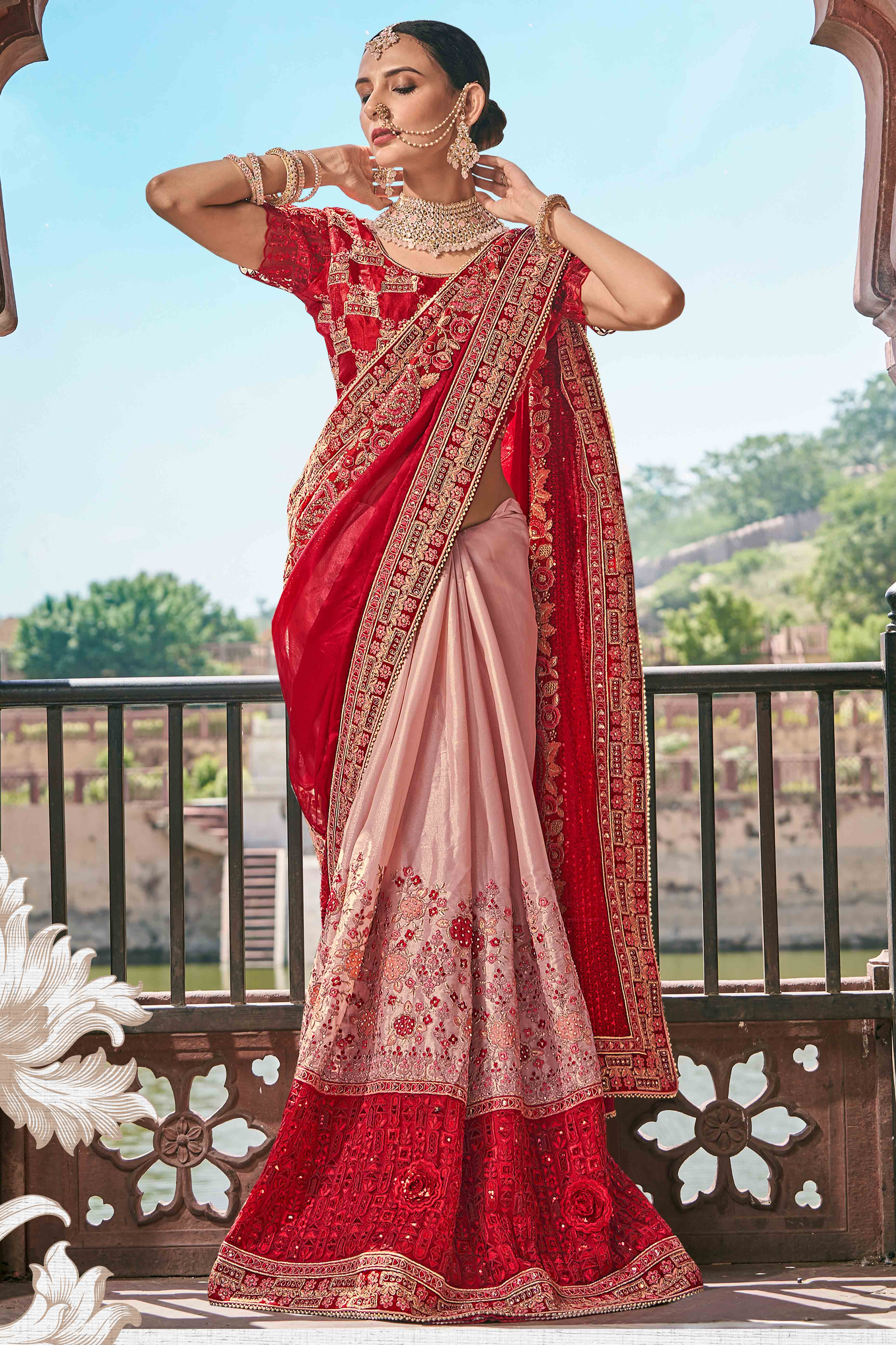 Red And Pink Sequins With Floral Embroidered Organza Saree