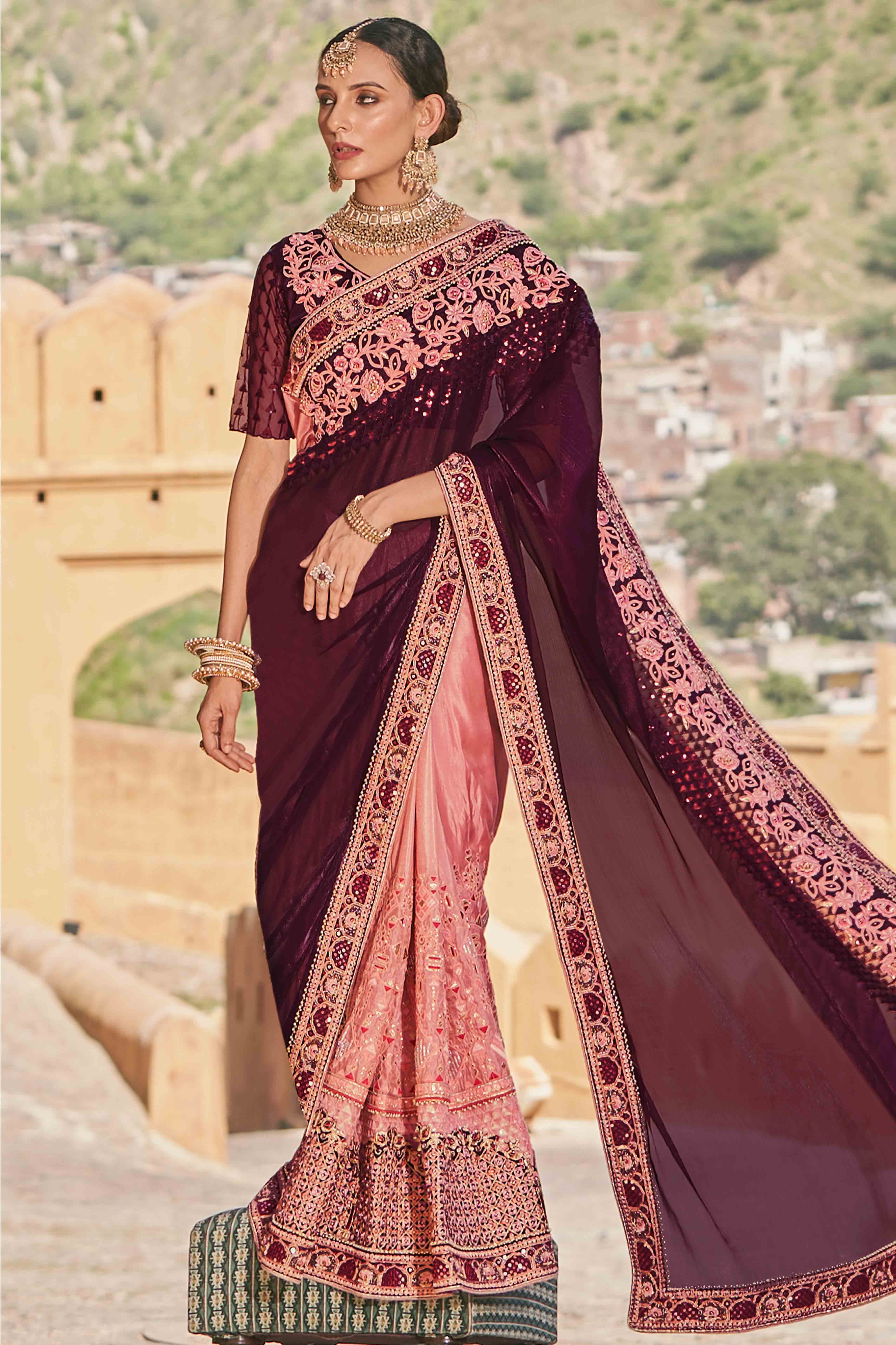 Wine And Pink Sequins With Floral Embroidered Organza Saree