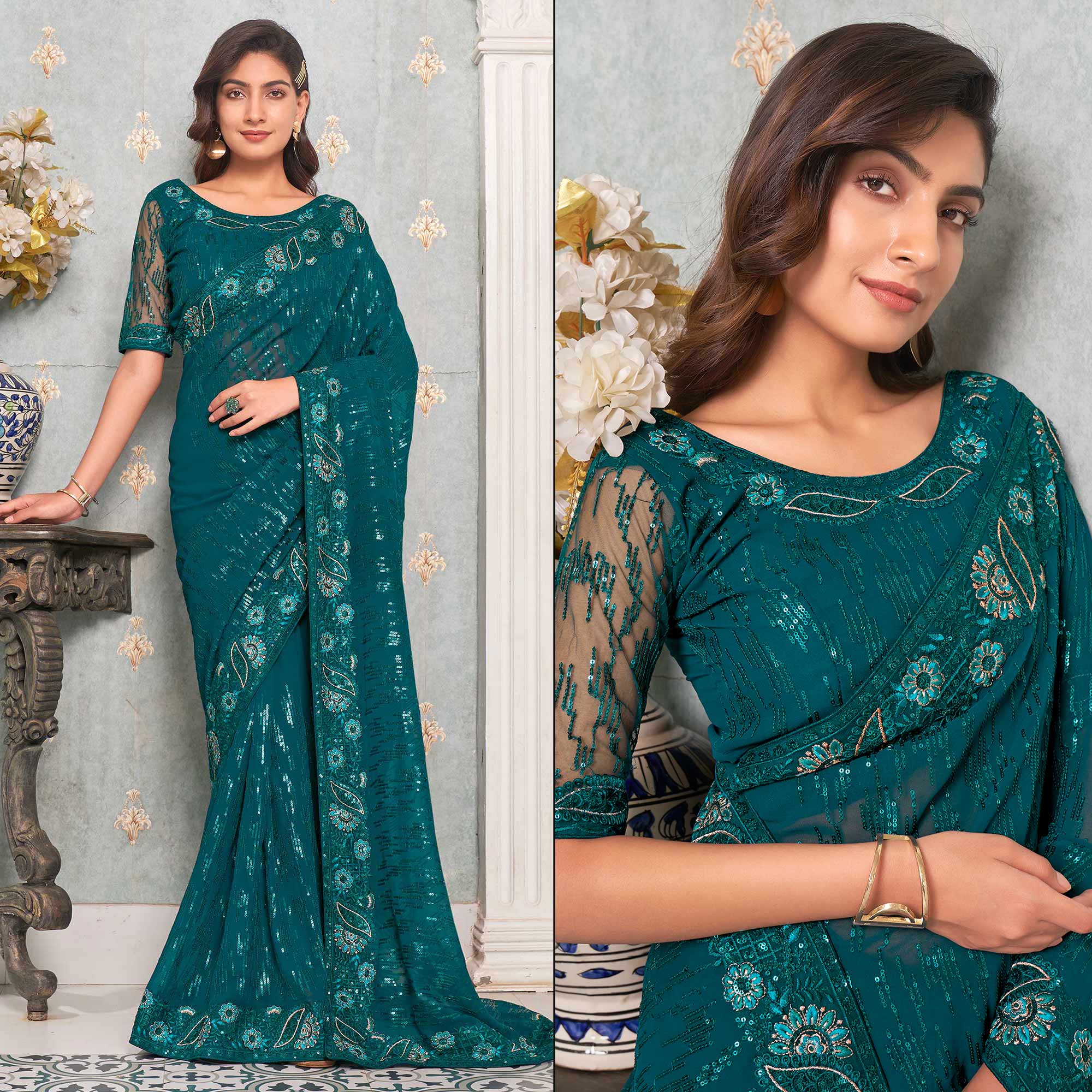 Teal Sequins Embroidered Georgette Saree