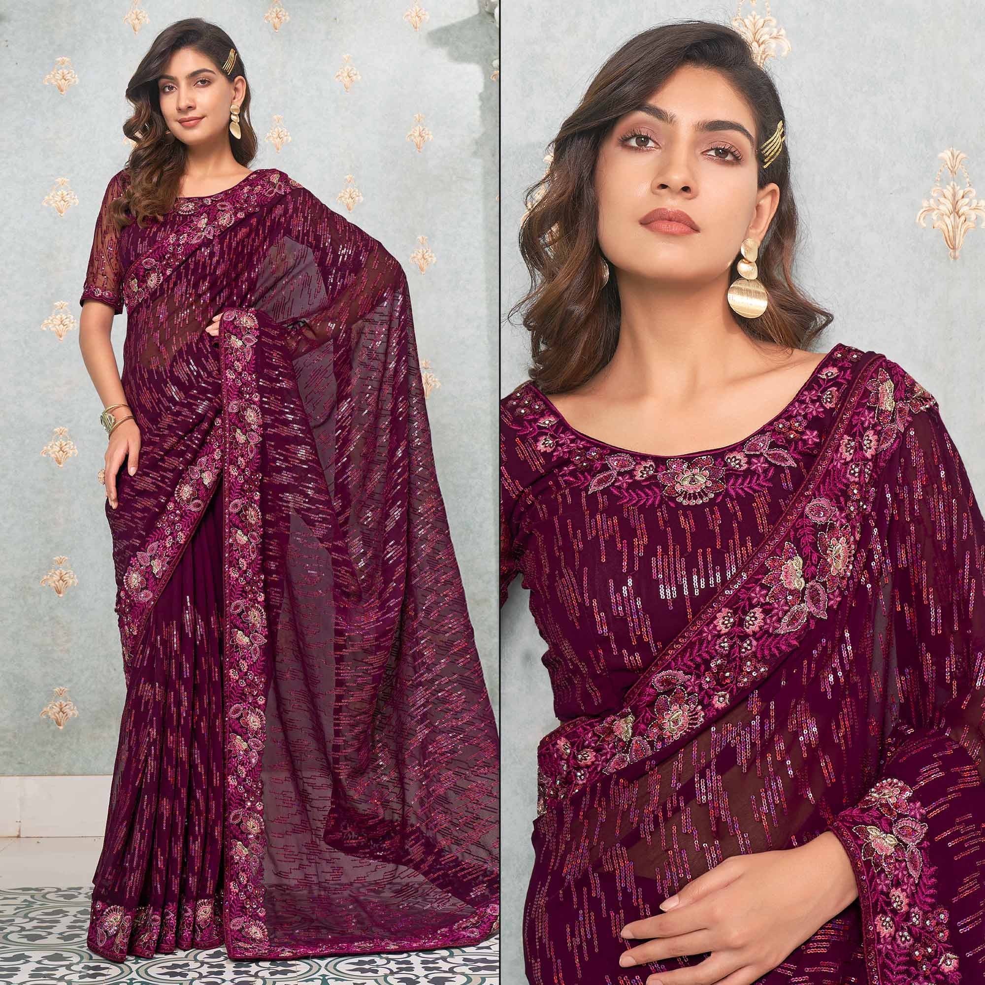 Wine Sequins Embroidered Georgette Saree