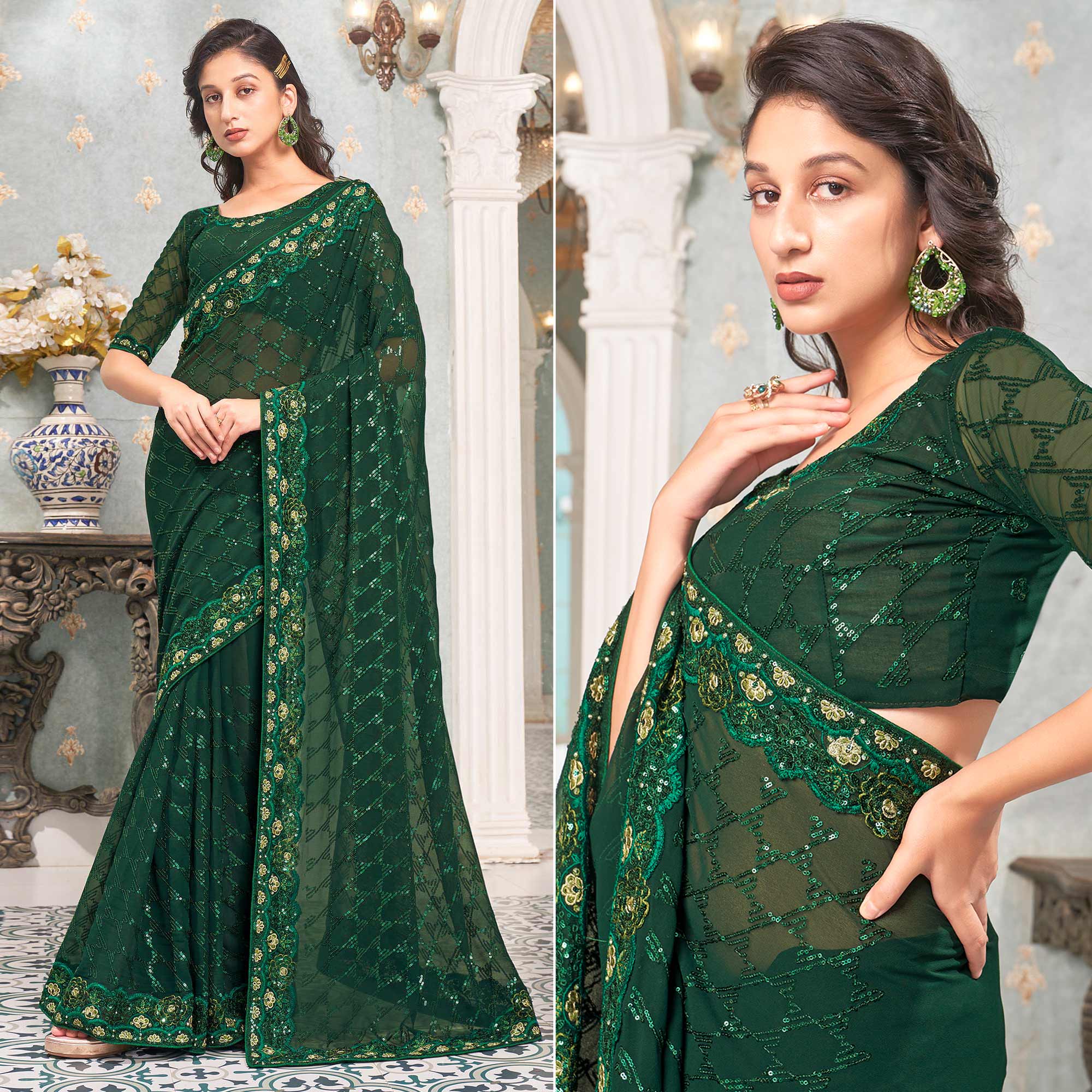 Green Sequins Embroidered Georgette Saree