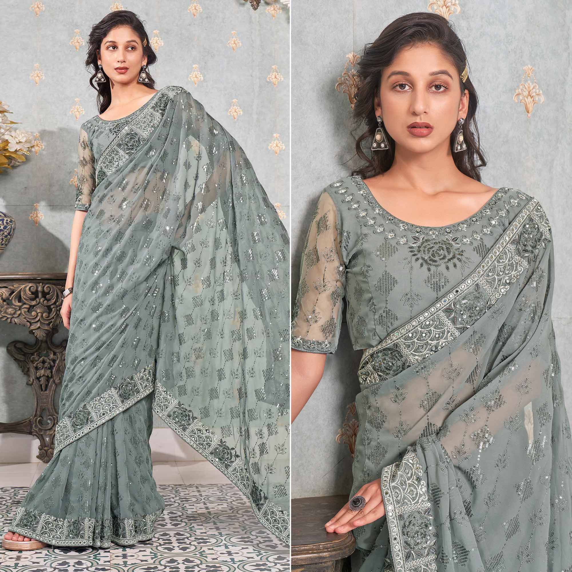 Grey Sequins Embroidered Georgette Saree