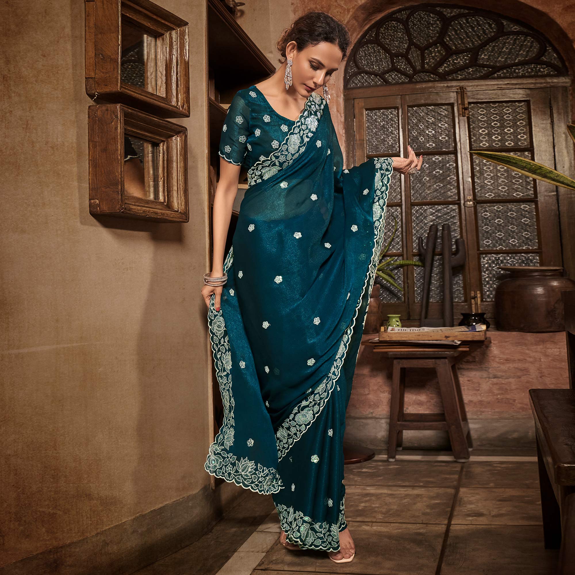 Teal Blue Sequins With Embroidered Chiffon Saree