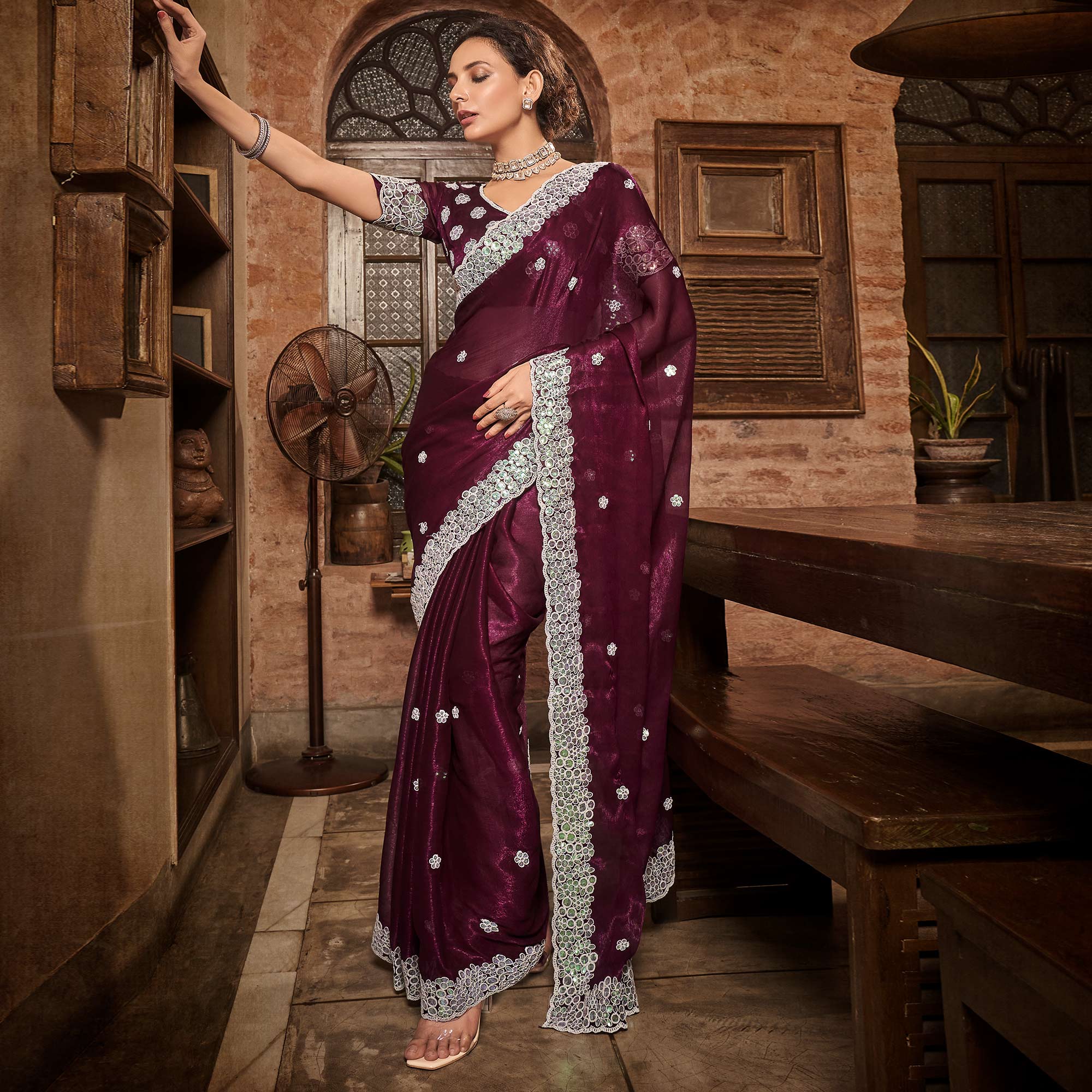 Wine Sequins With Embroidered Chiffon Saree