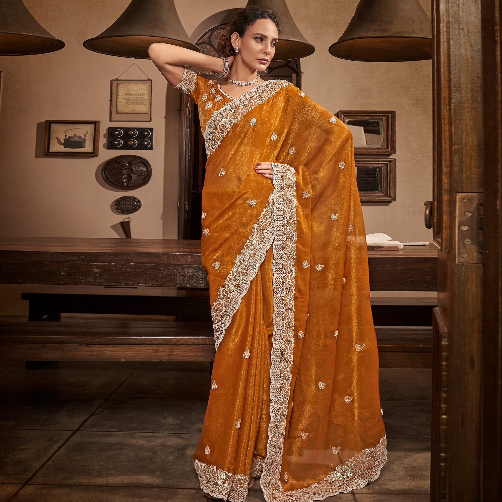 Mustard Sequins With Embroidered Chiffon Saree