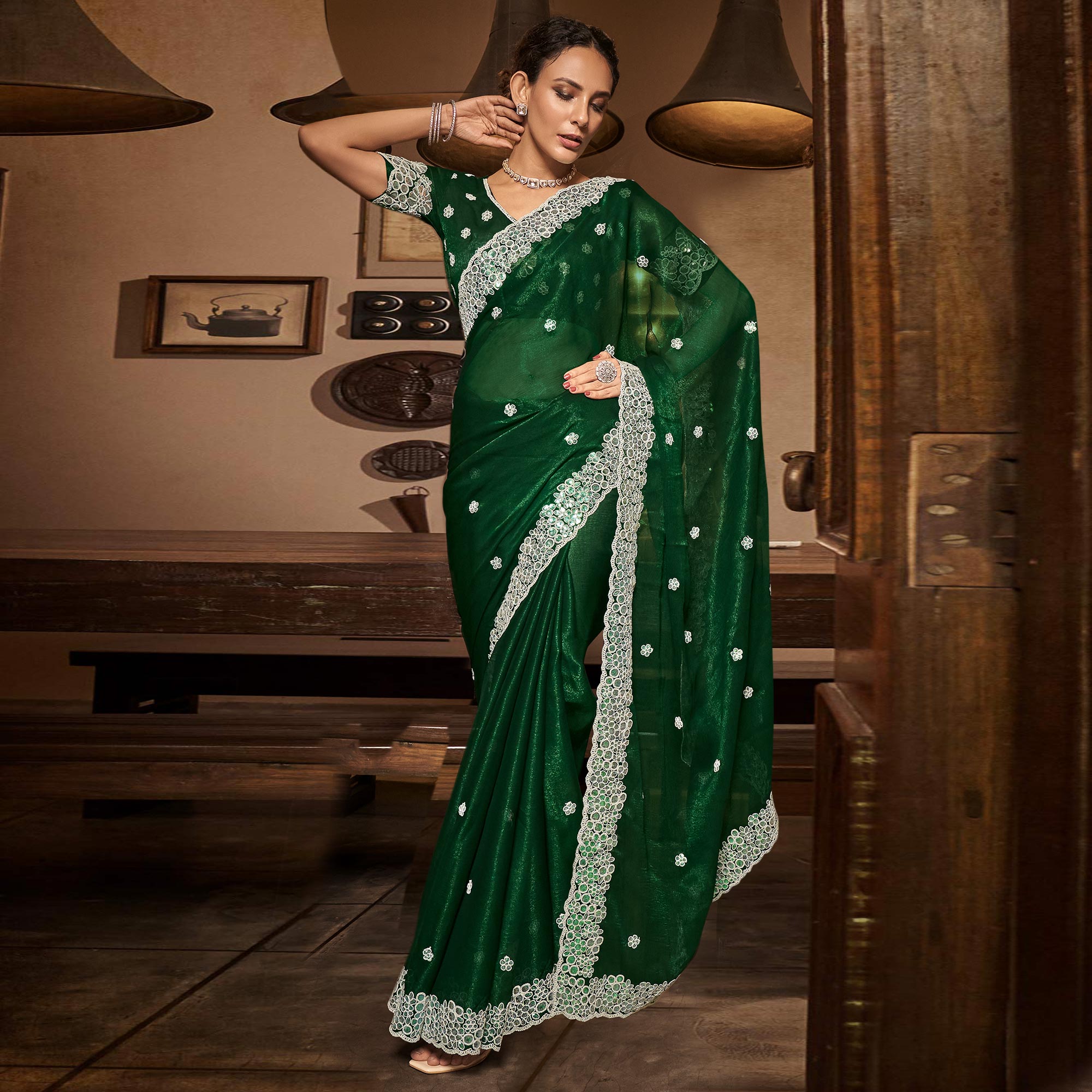 Bottle Green Sequins With Embroidered Chiffon Saree