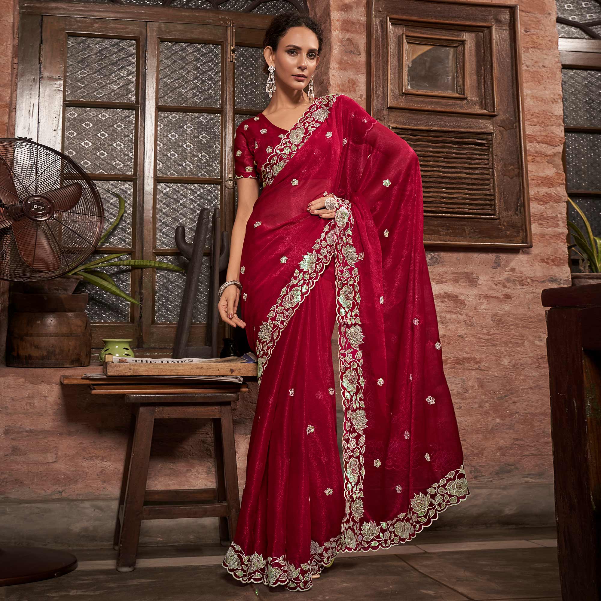 Red Sequins With Embroidered Chiffon Saree