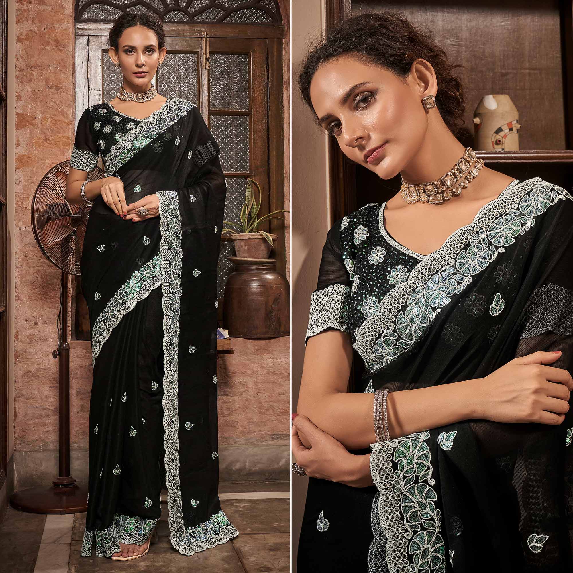 Black Sequins With Embroidered Chiffon Saree