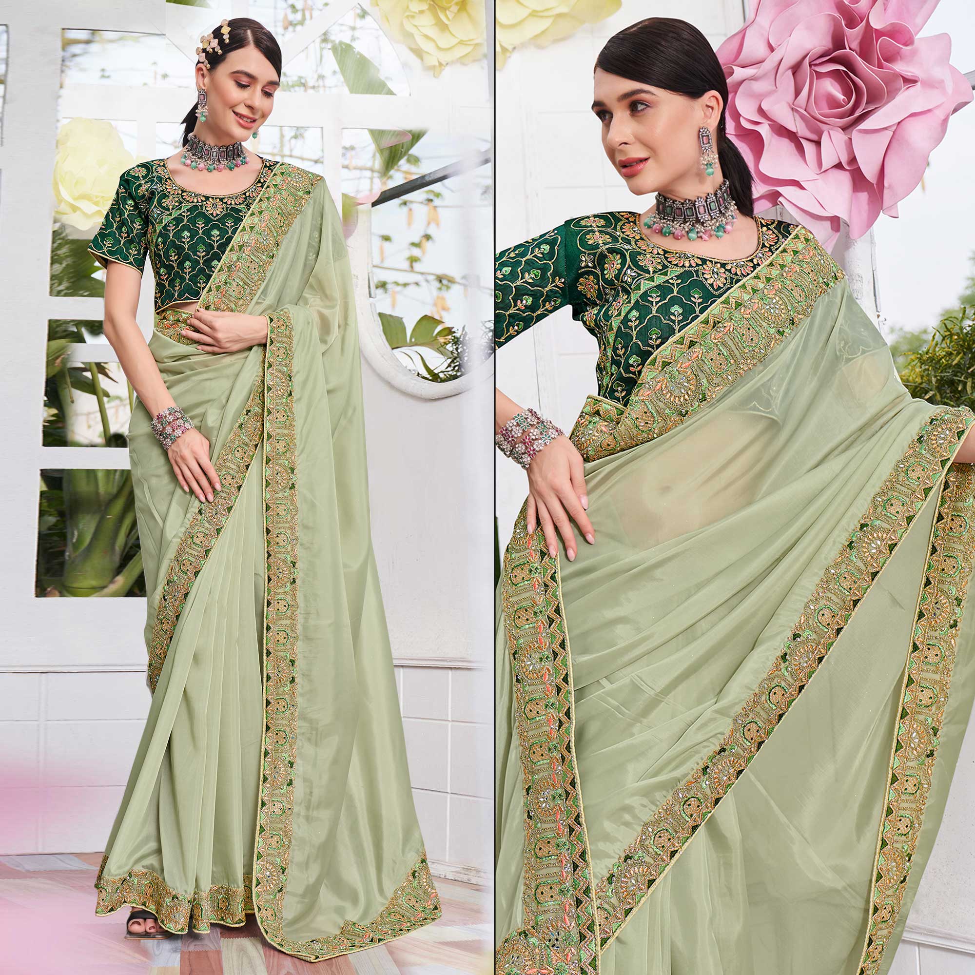 Green Solid With Embroidered Border Organza Saree