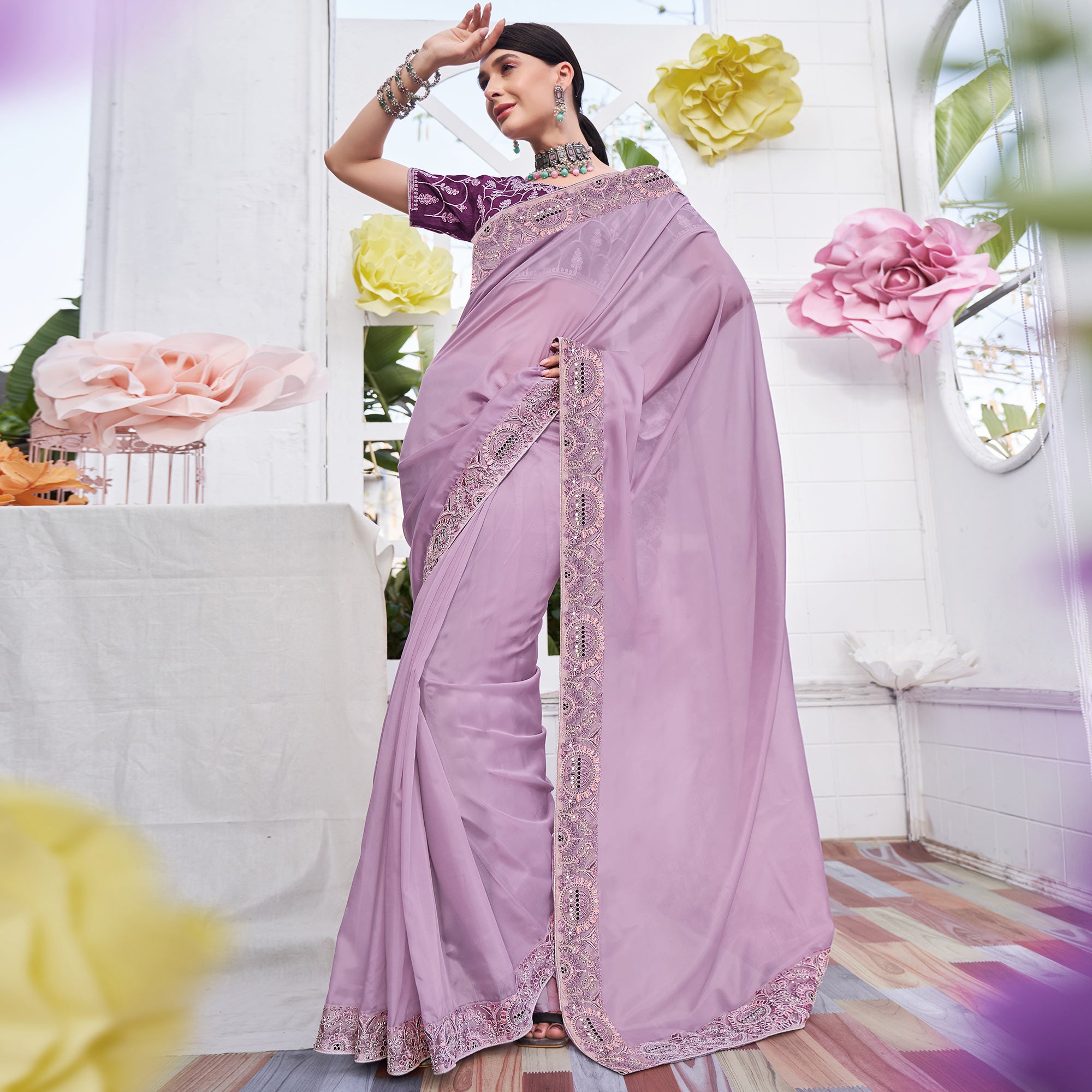 Purple Solid With Embroidered Border Organza Saree