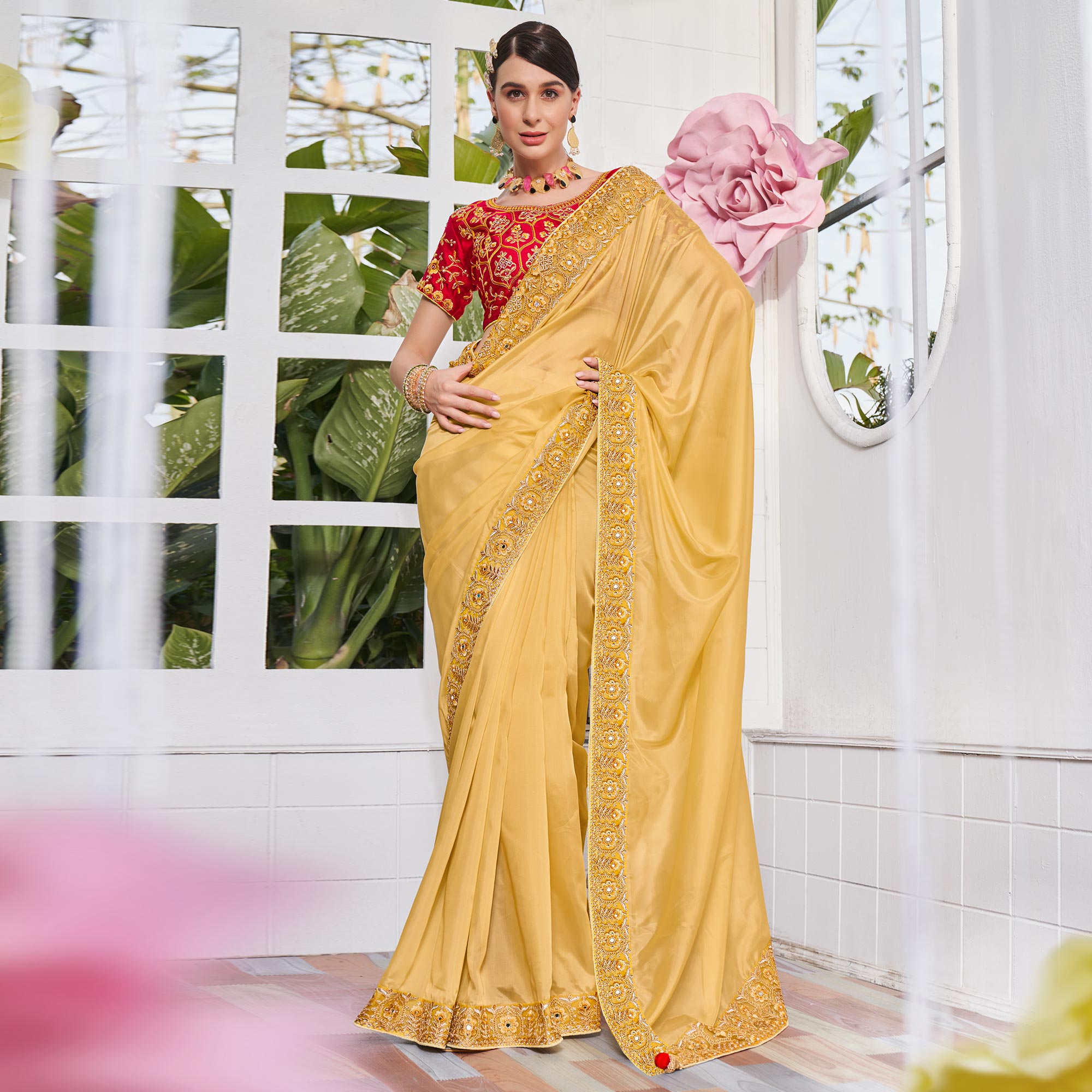 Yellow Solid With Embroidered Border Organza Saree