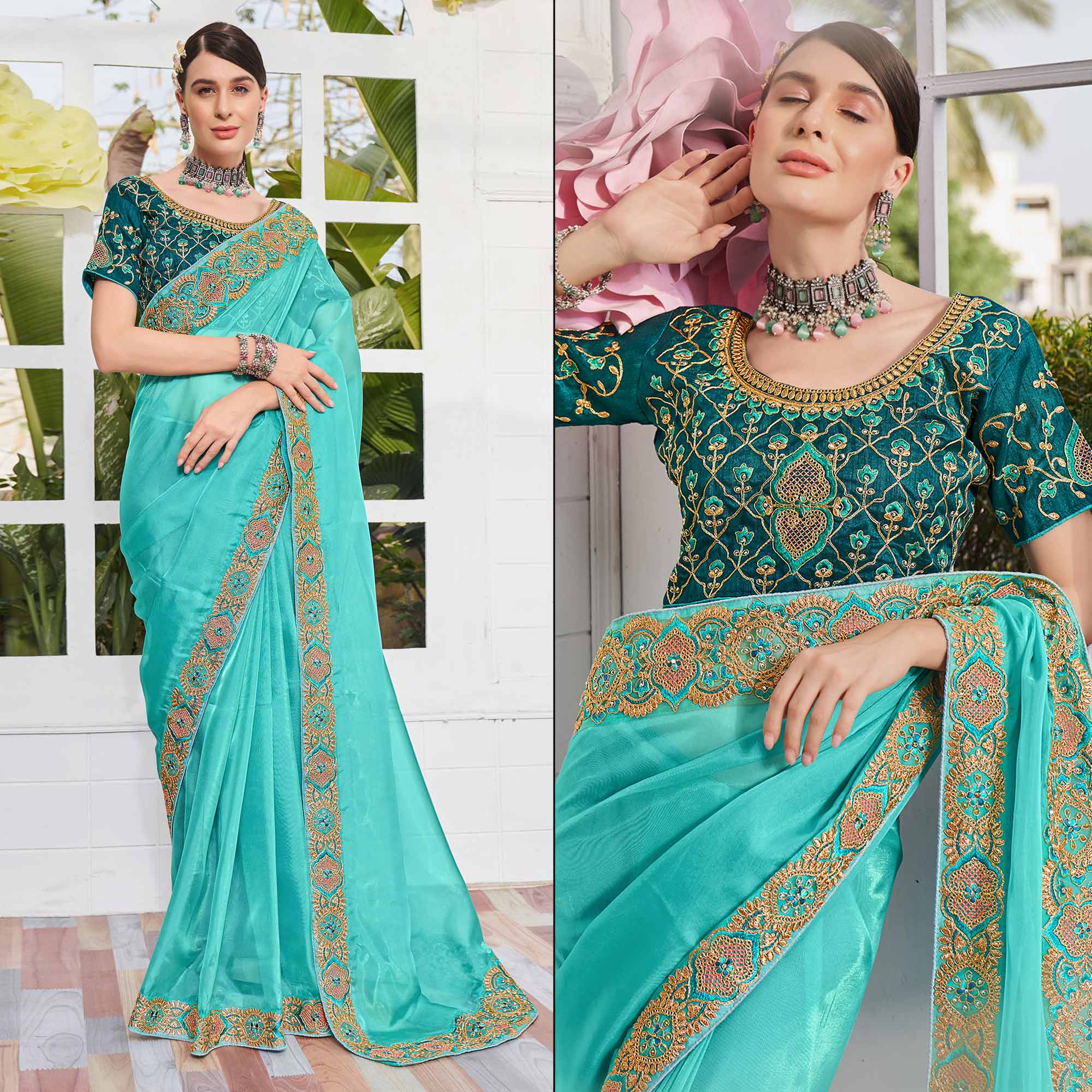 Aqua Blue Solid With Embroidered Border Organza Saree