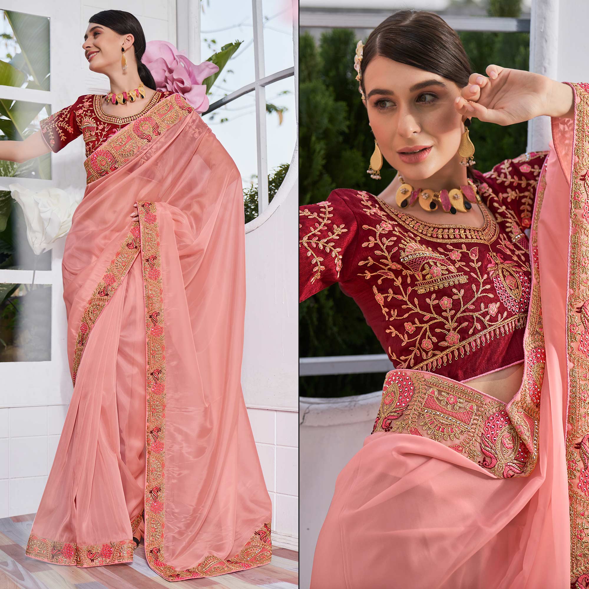Peach Solid With Embroidered Border Organza Saree