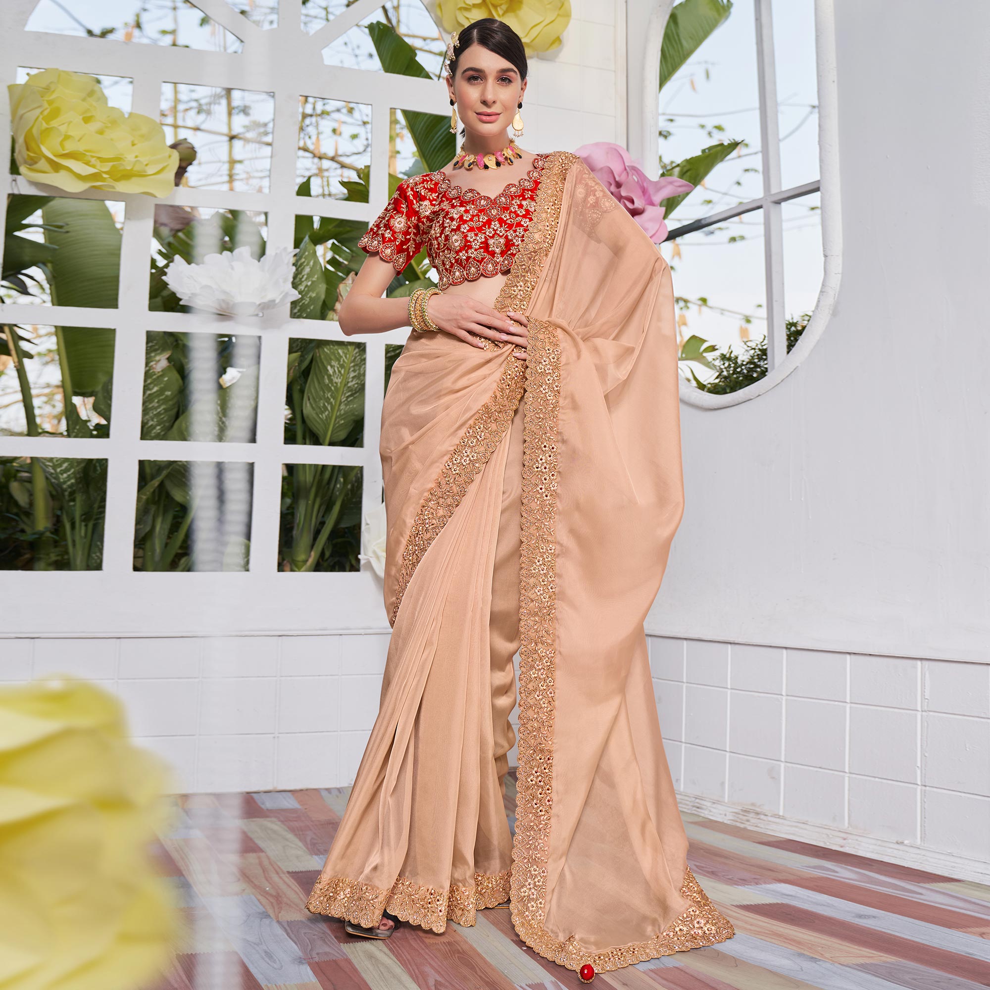 Beige Solid With Embroidered Border Organza Saree