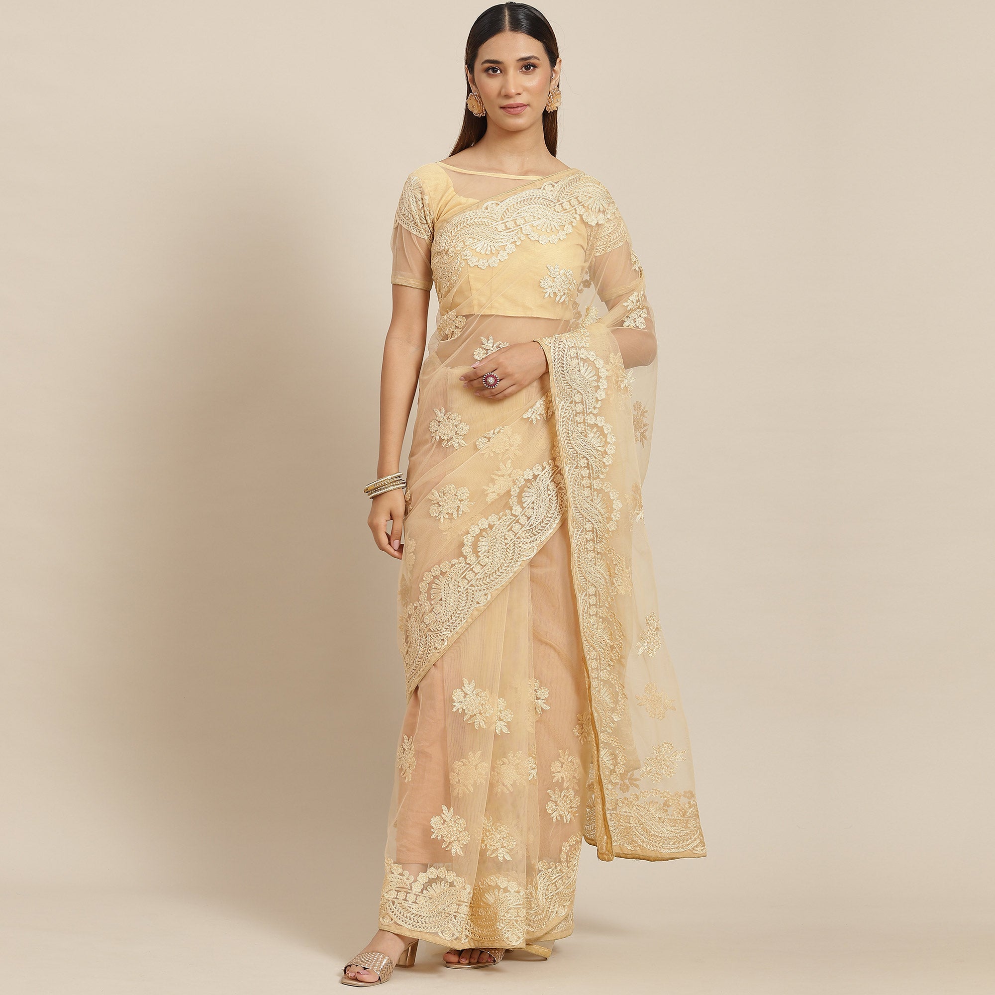 Beige Soft Net Resham Work Saree