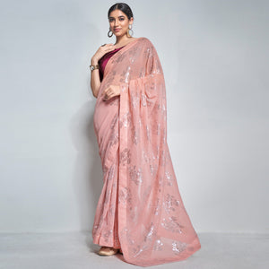 Peach Sequins Embroidered Georgette Saree