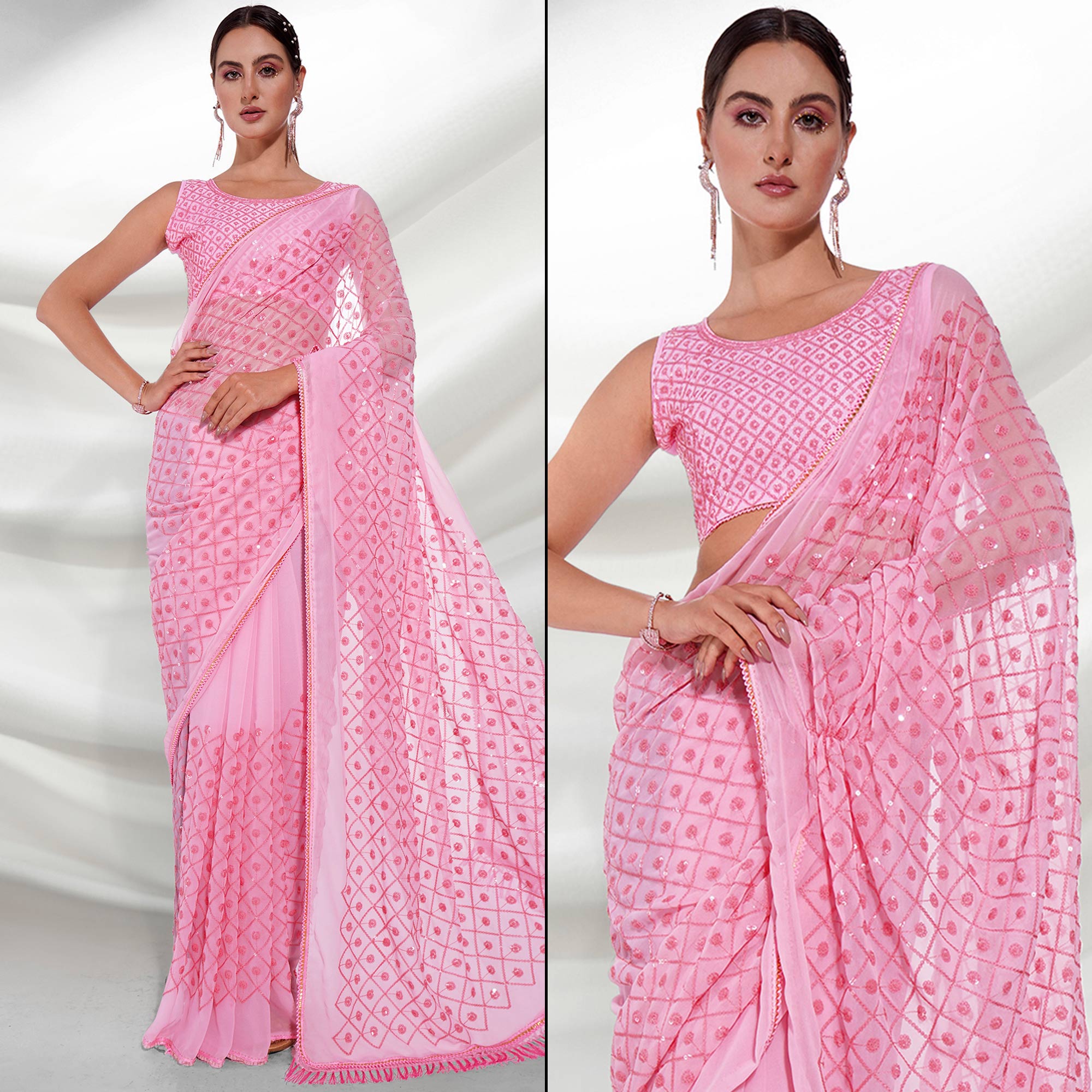 Pink Sequins Embroidered Georgette Saree