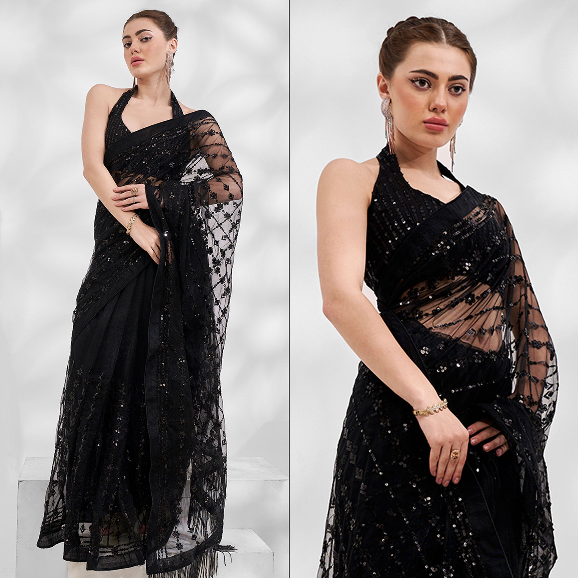 Black Embroiderd Sequinned Net Saree