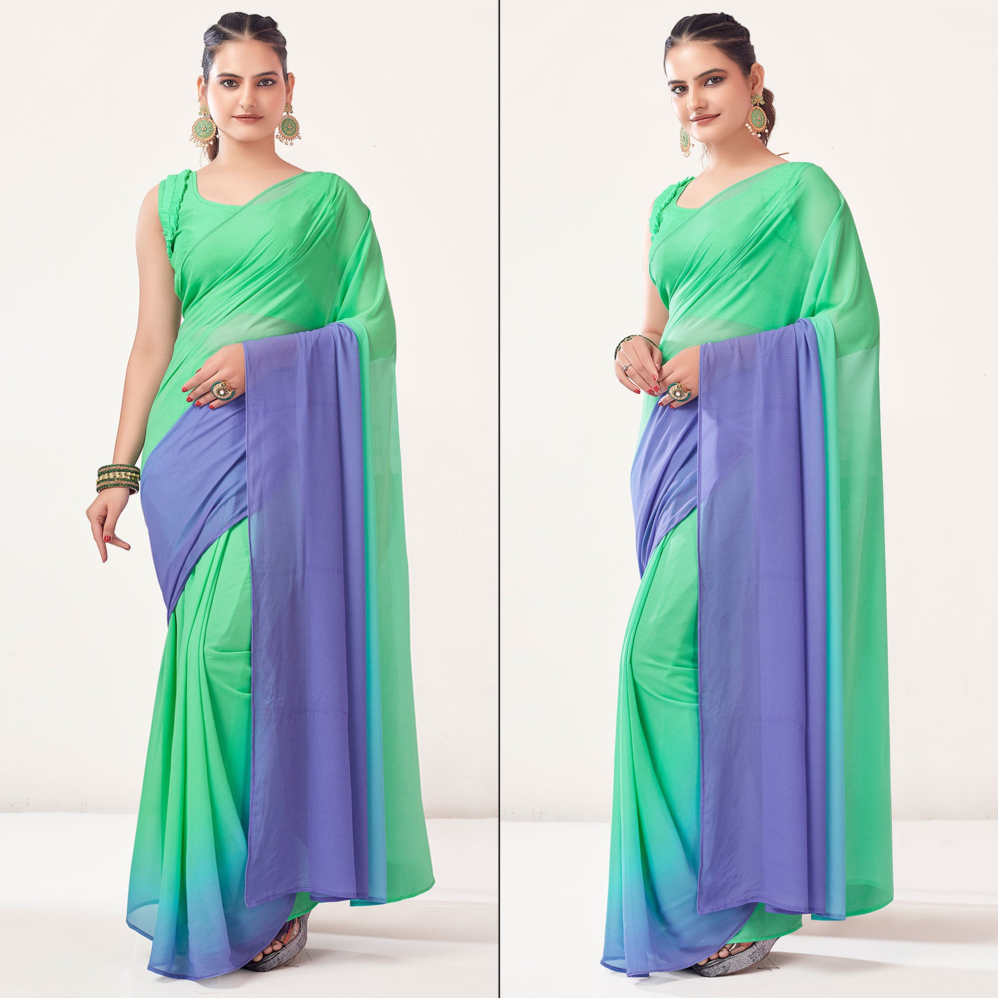 Mint Green & Lavender Printed Georgette Saree