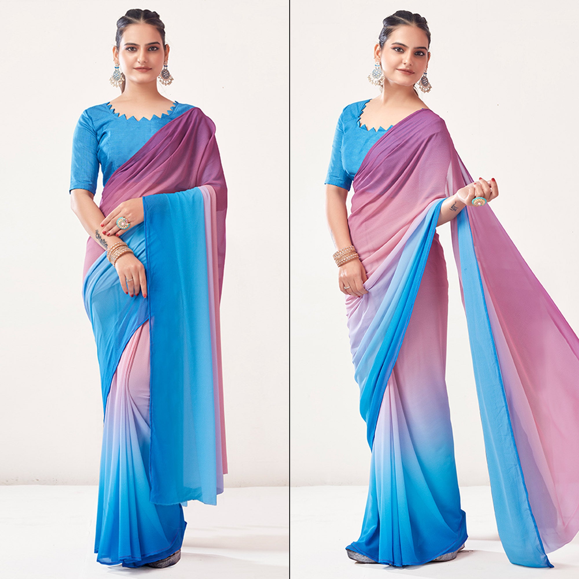 Pink & Blue Printed Georgette Saree