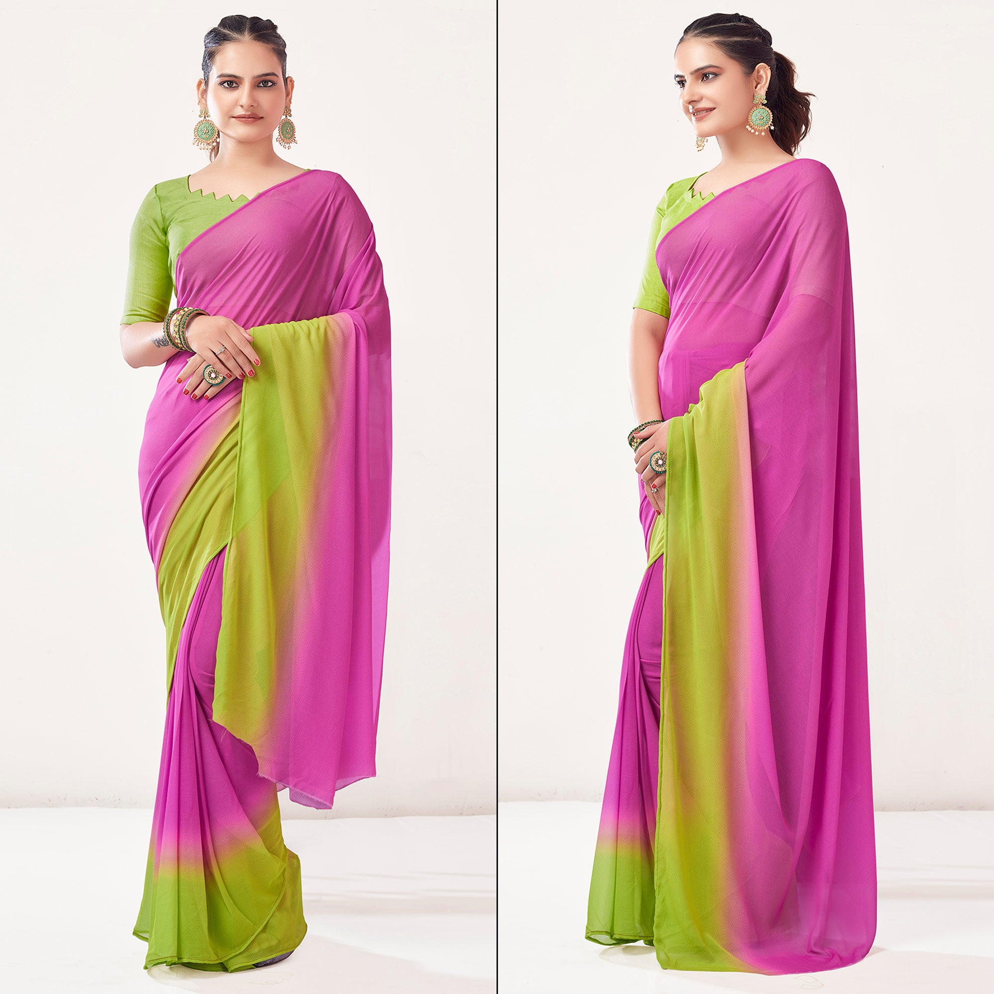 Pink & Neon Green Printed Georgette Saree