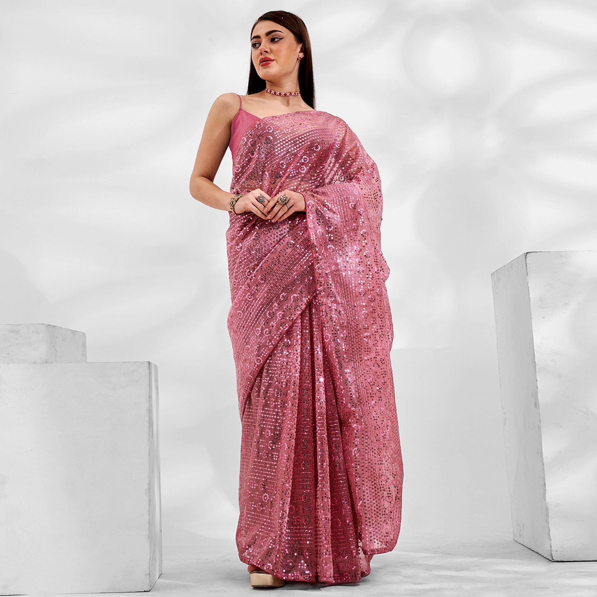 Pink Embroidered Sequinned Organza Saree