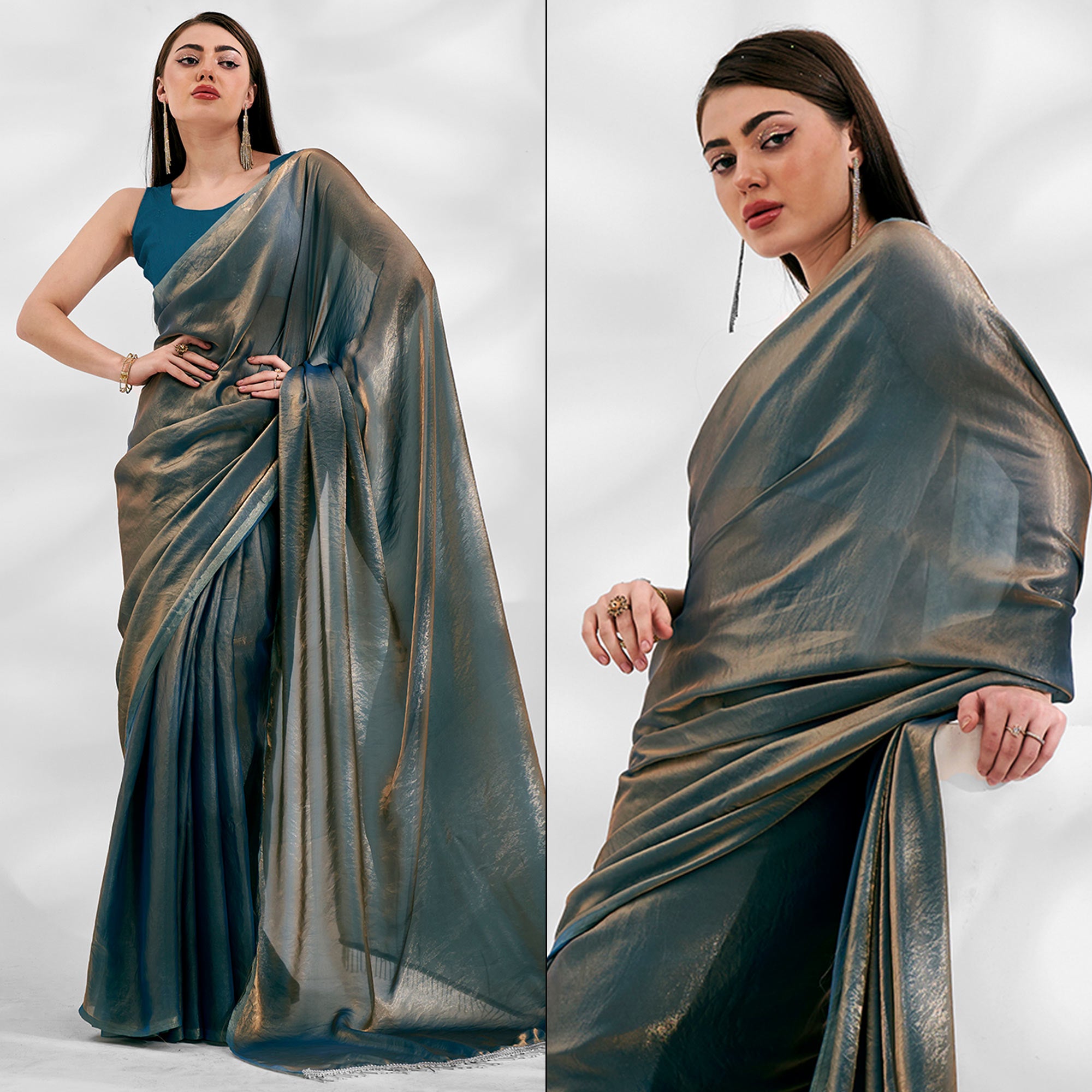 Blue Solid Organza Saree With Tassels Border