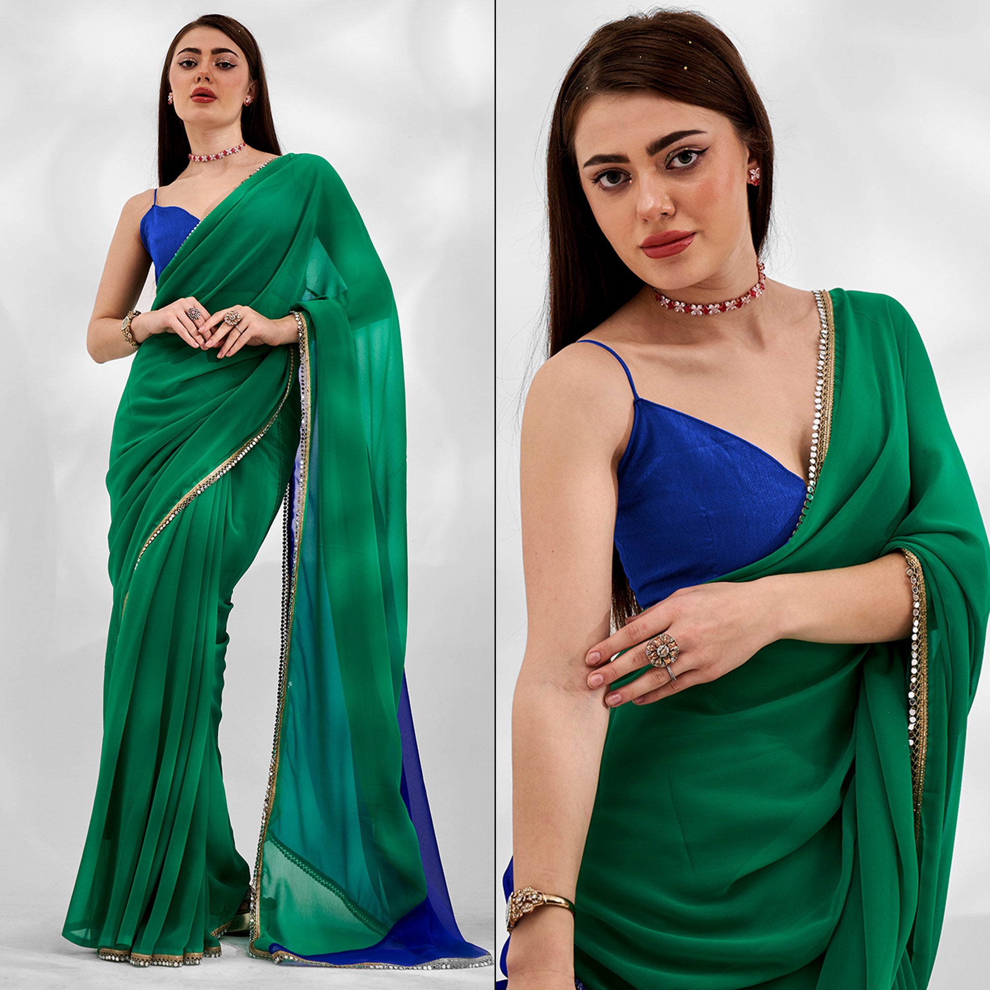 Green & Blue Solid Georgette Designer Saree