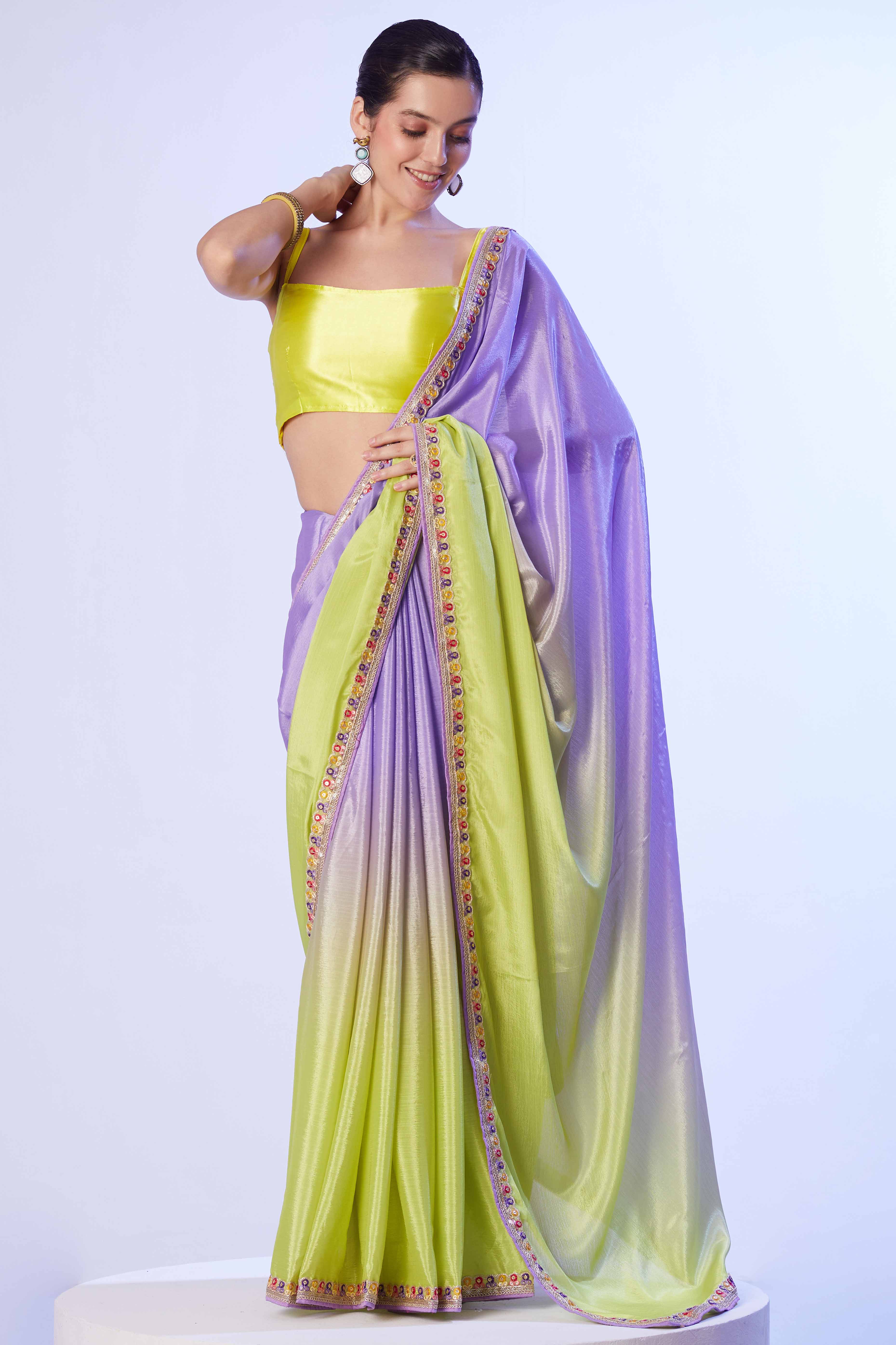 Green & Purple Ombre Bliss Chinon Solid Saree