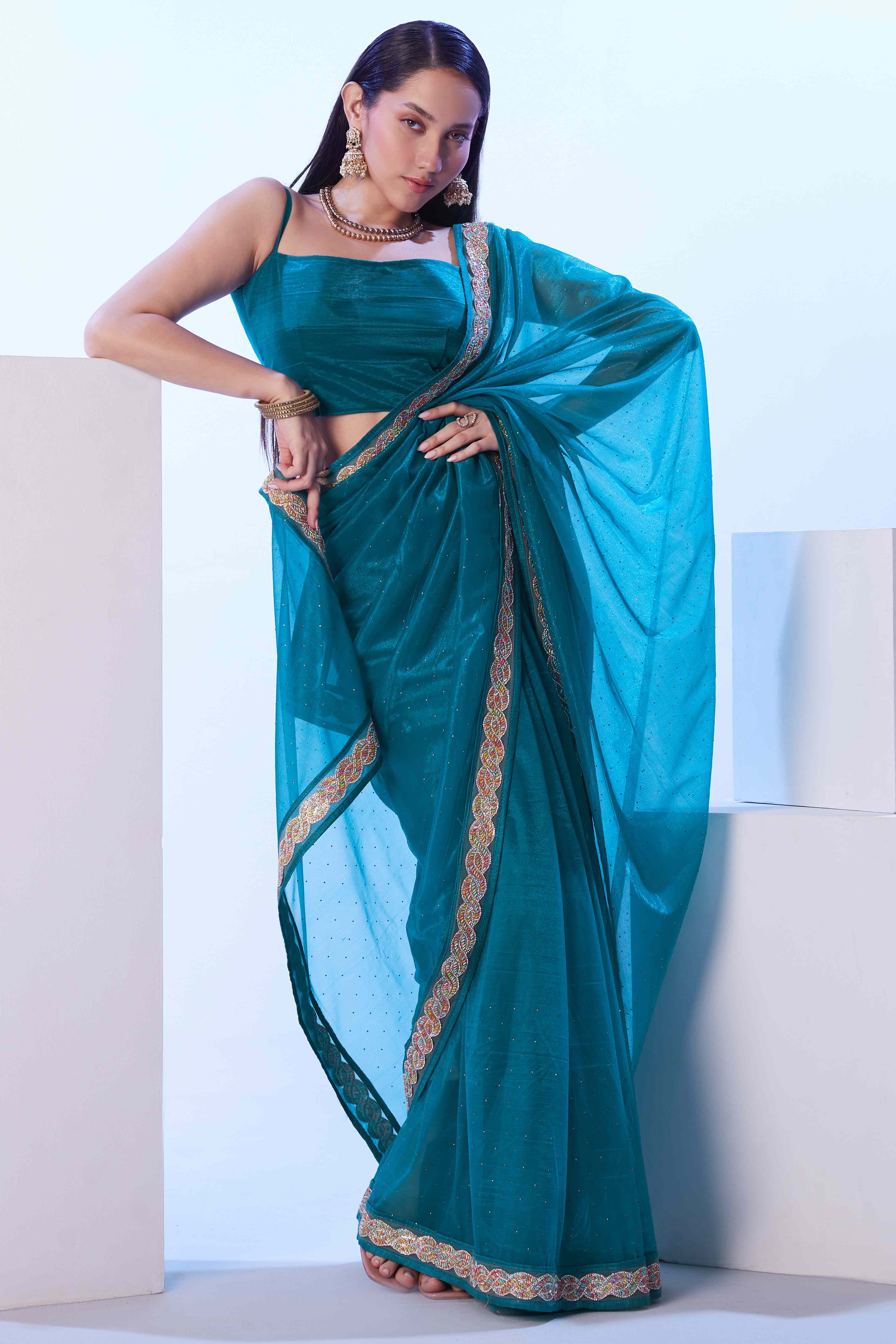 Teal Stone Work Net Solid  Embroidered Saree for Party Wear