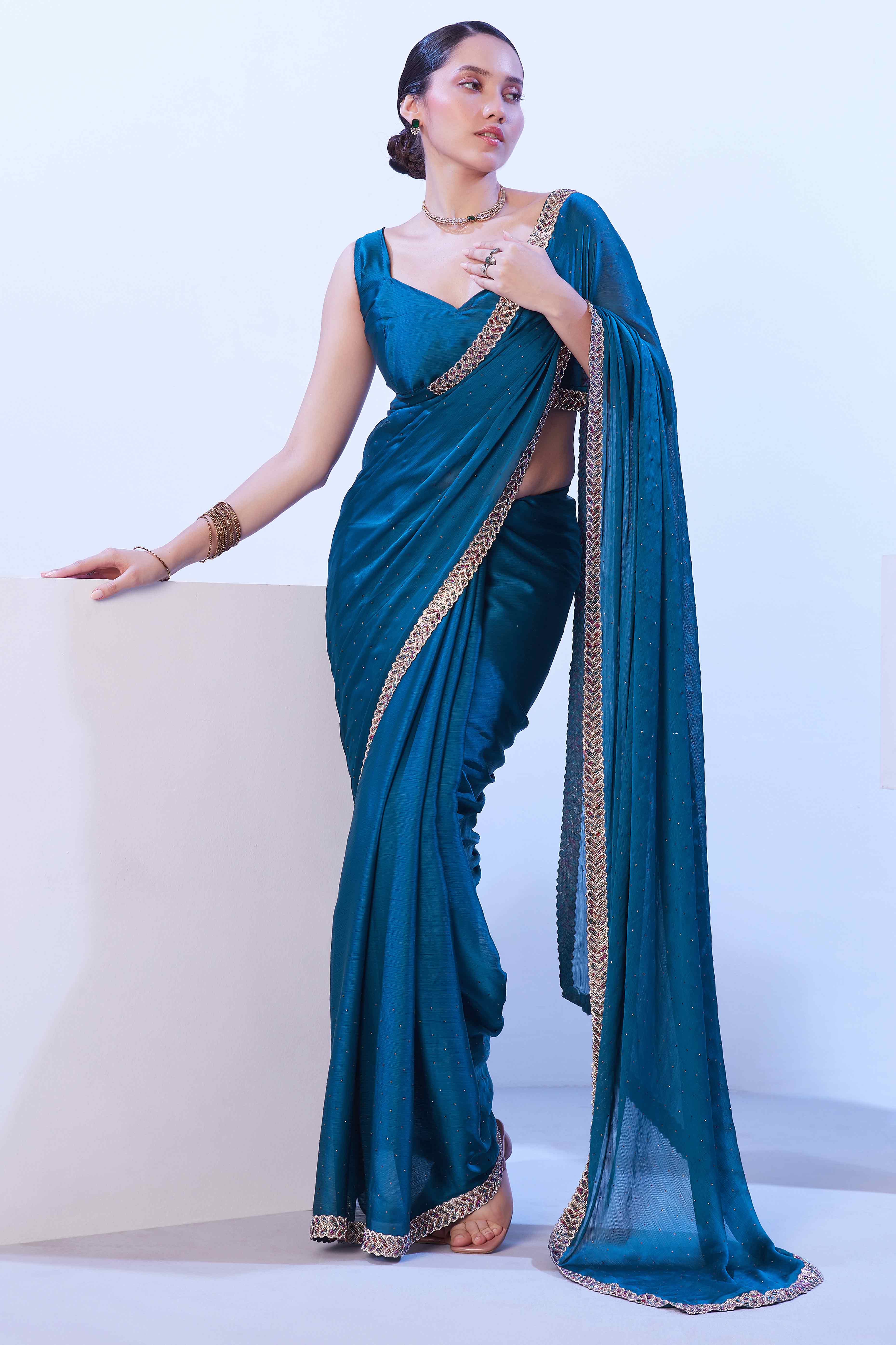 Teal Satin Embroidered Solid Saree Adorned with Beads & Stones