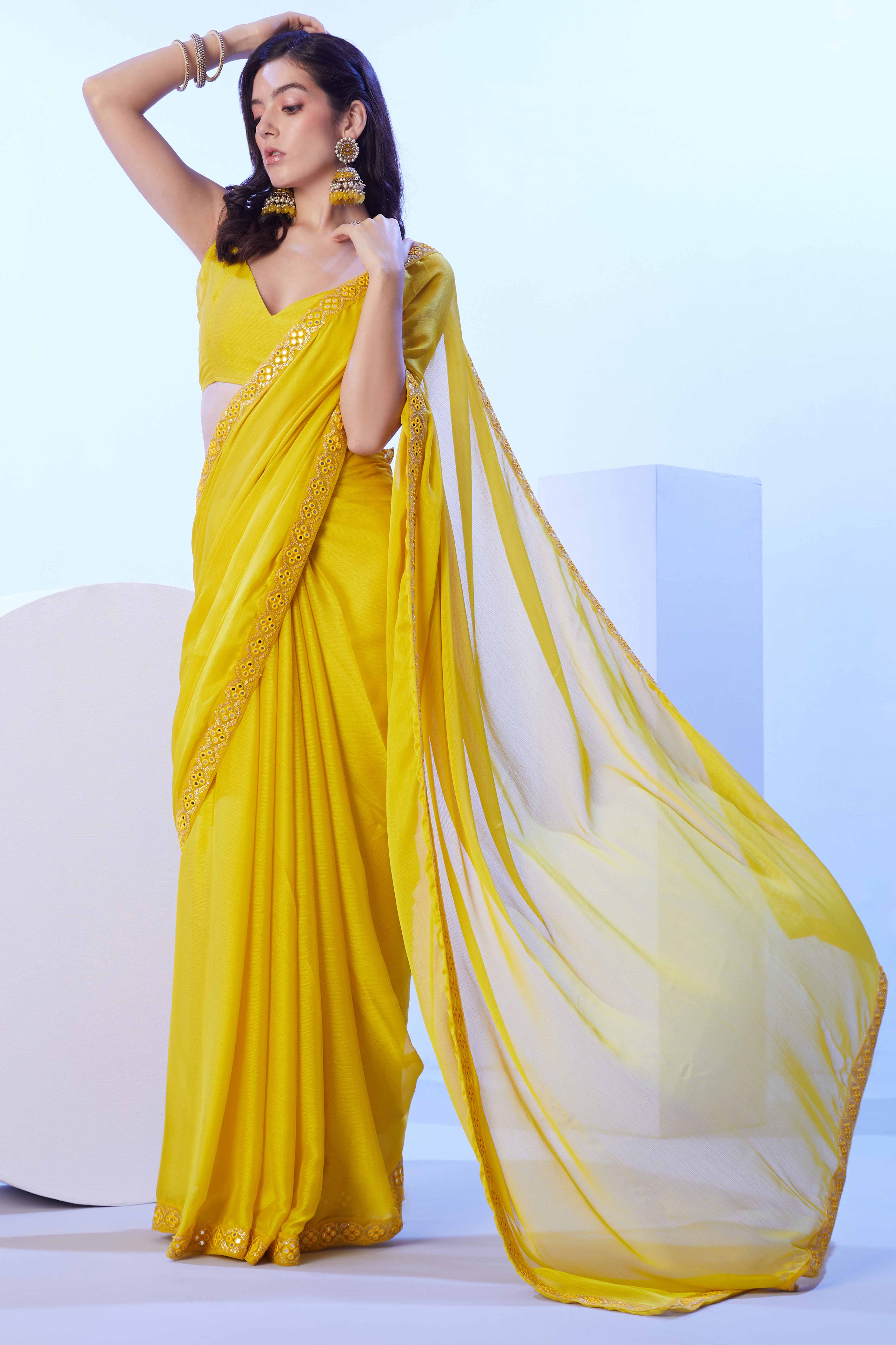 Lime Yellow Chiffon Solid Saree with Mirror Embroidery On Border