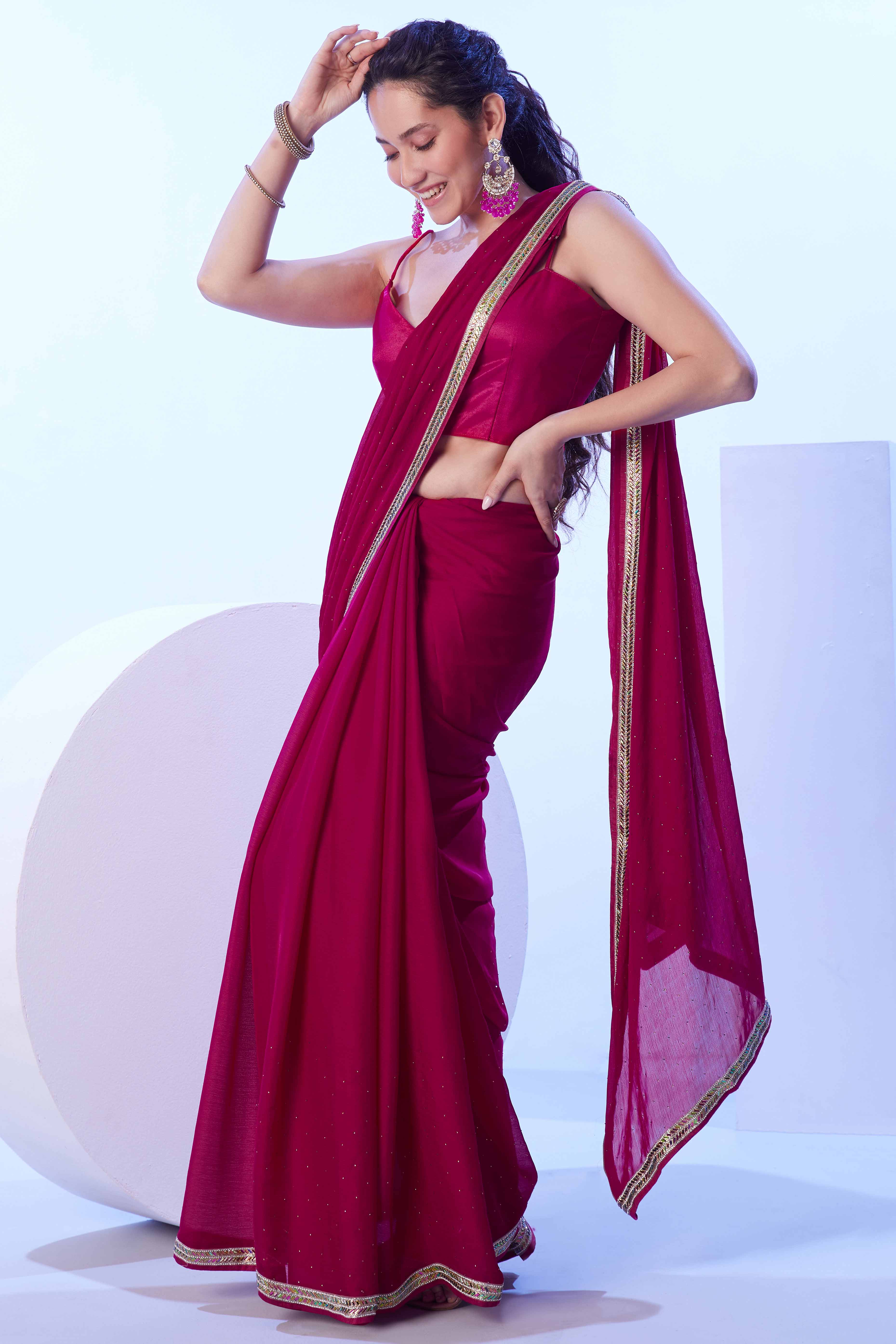 Wine Red Satin Solid Saree Adorned with Mirror Work