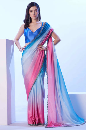 Blue & Pink Ombre Bliss Chinon Solid Saree